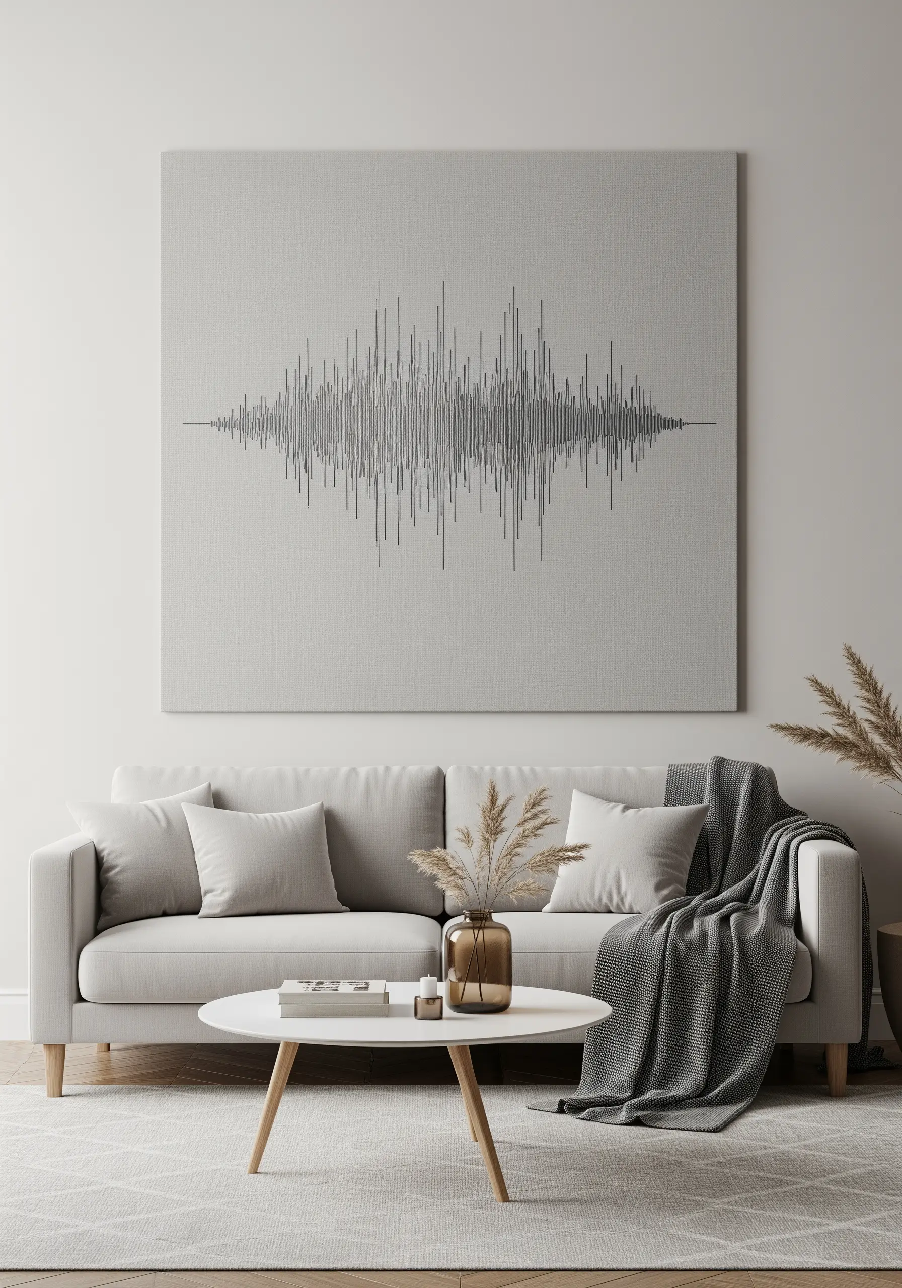 A large canvas with a black-thread embroidery of a soundwave pattern