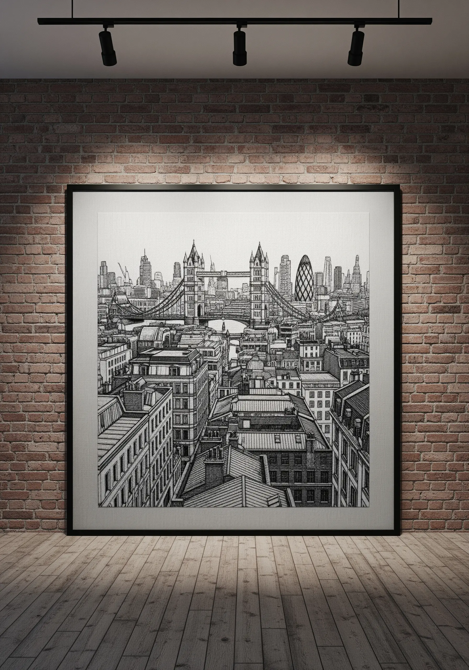 Detailed blackwork embroidery of the London cityscape in a large frame.