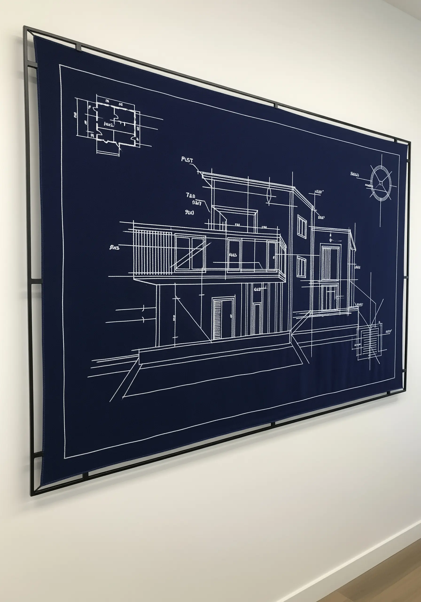 An architectural blueprint stitched in white thread on a large navy blue canvas.