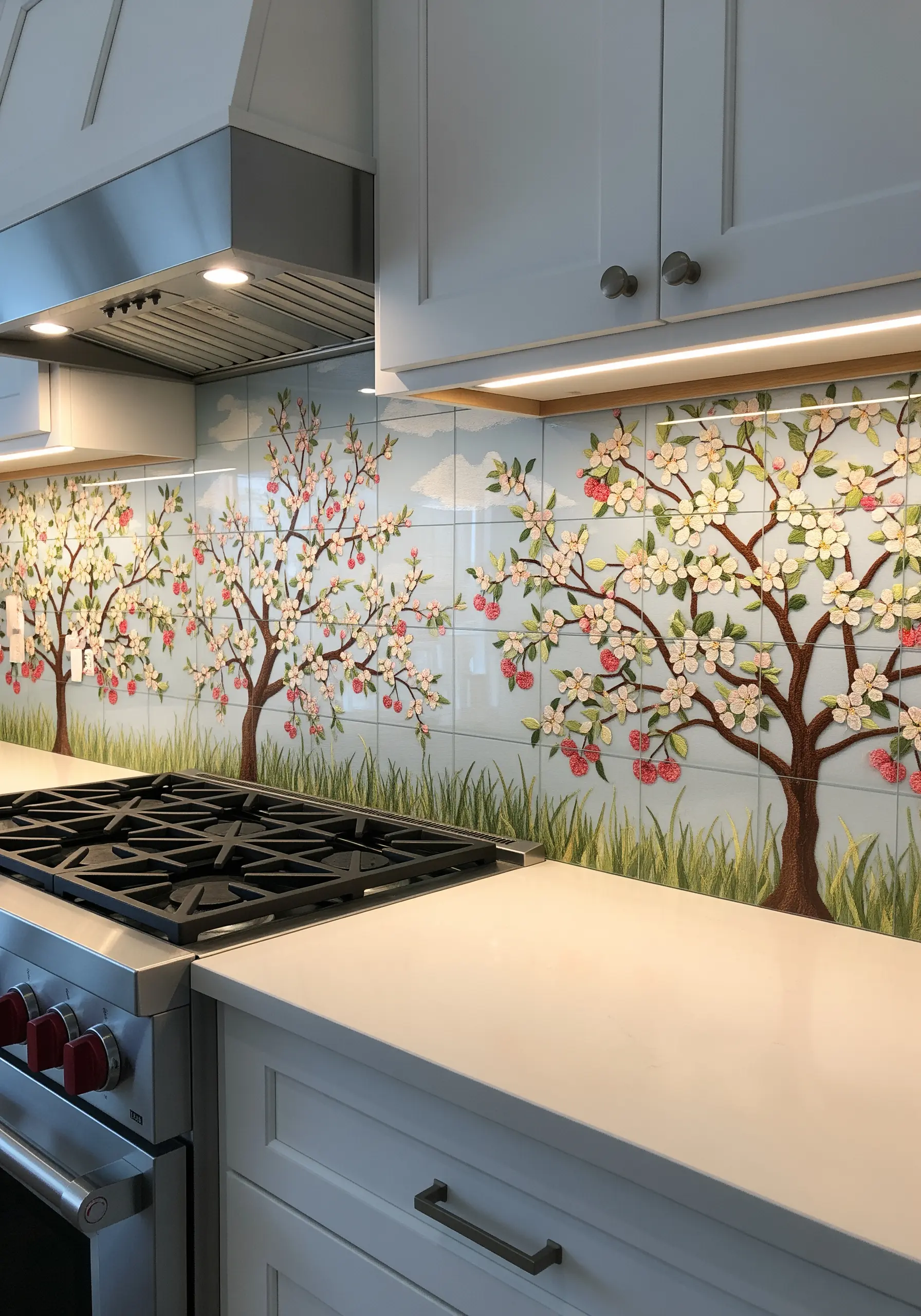 A kitchen backsplash made of ceramic tiles with raised, 3D flowering tree branches