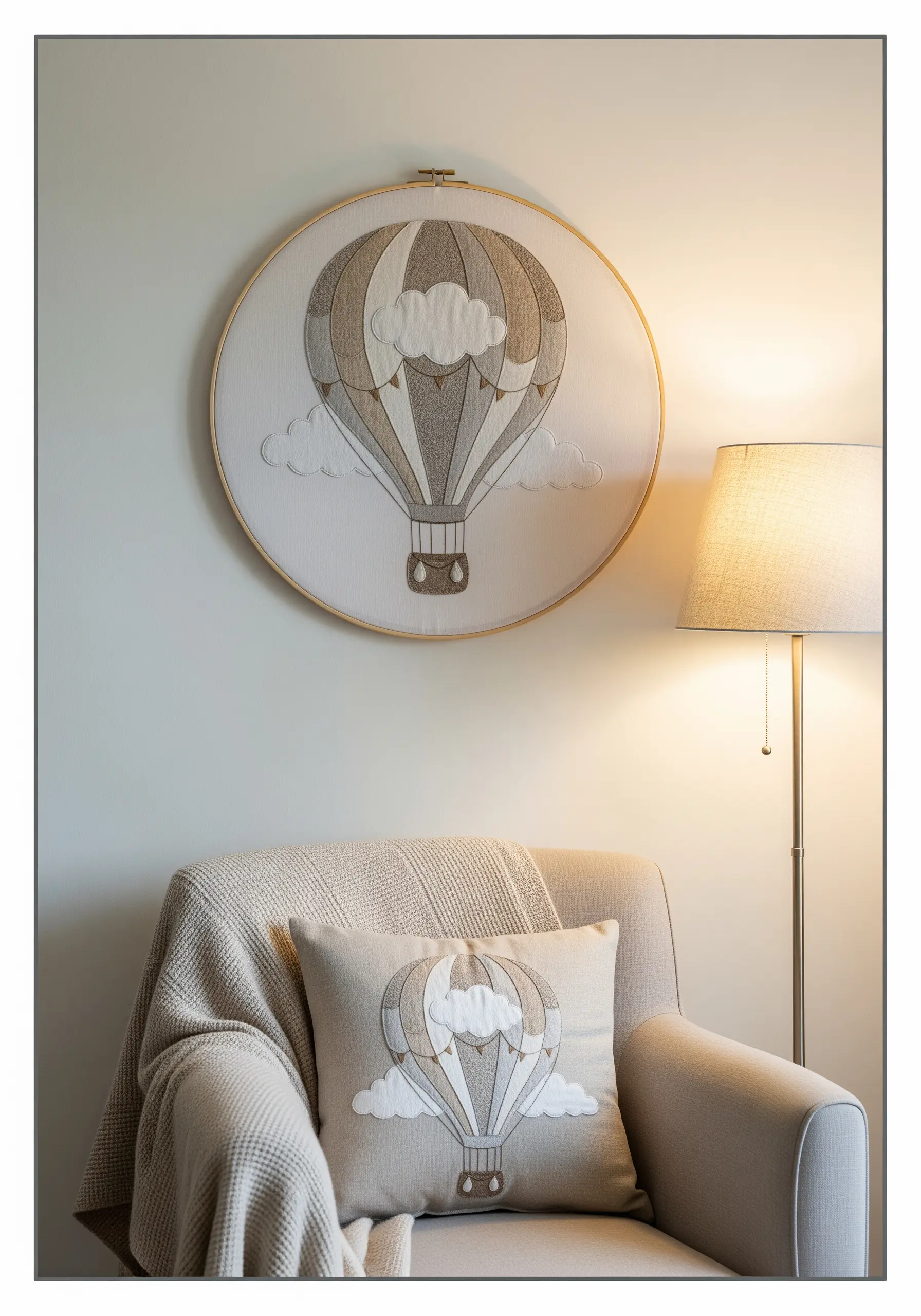 A large hot air balloon embroidery hoop and a matching embroidered throw pillow