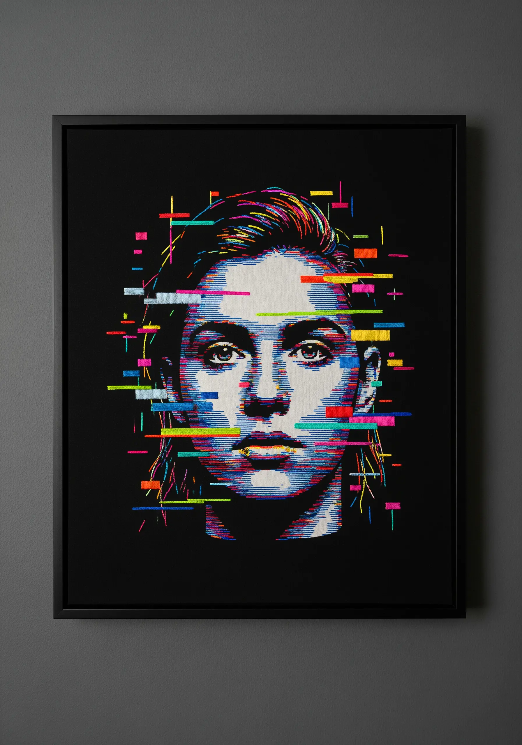 An embroidered portrait with a colorful 