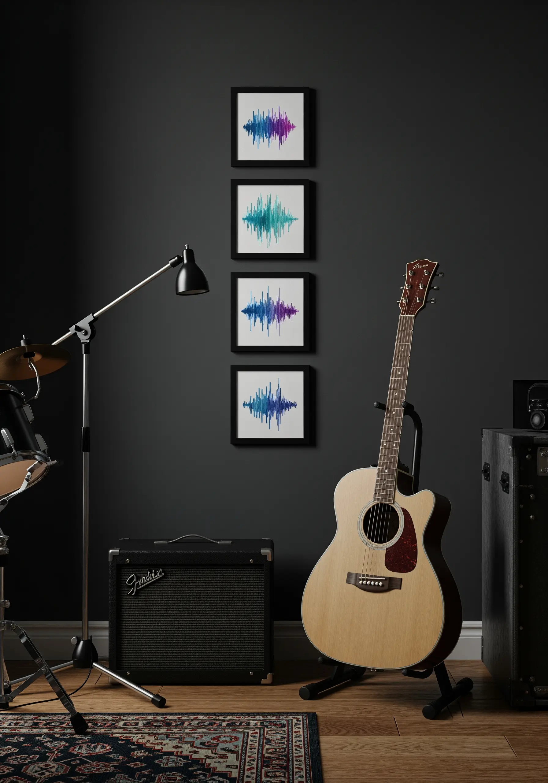 Four framed embroideries of sound waves in blue, purple, and teal hanging in a music room.