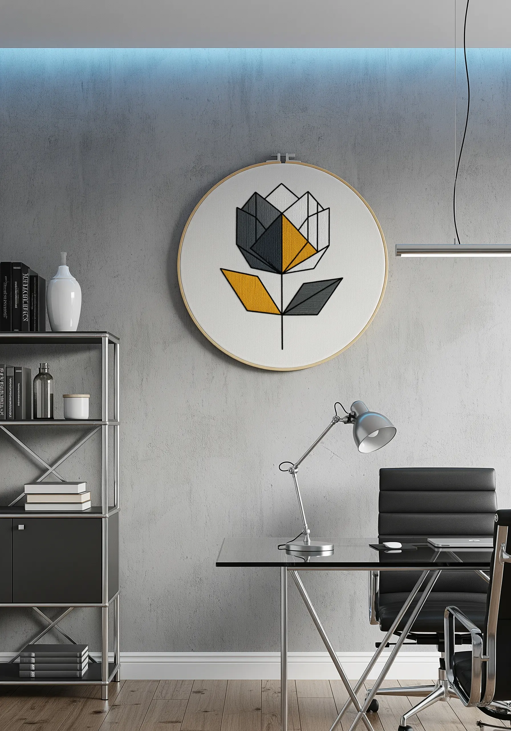 A modern, geometric rose embroidered with yellow and gray color blocking in an office.