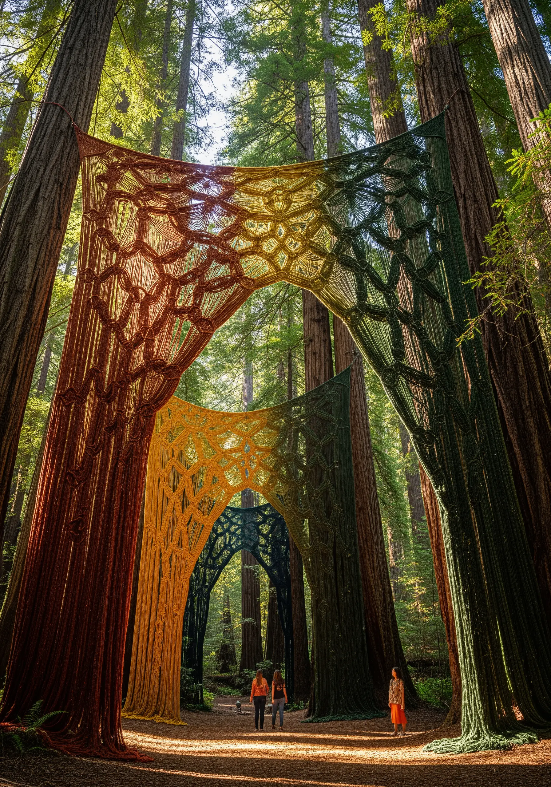 Large-scale macrame installation with a color gradient suspended between giant redwood trees.