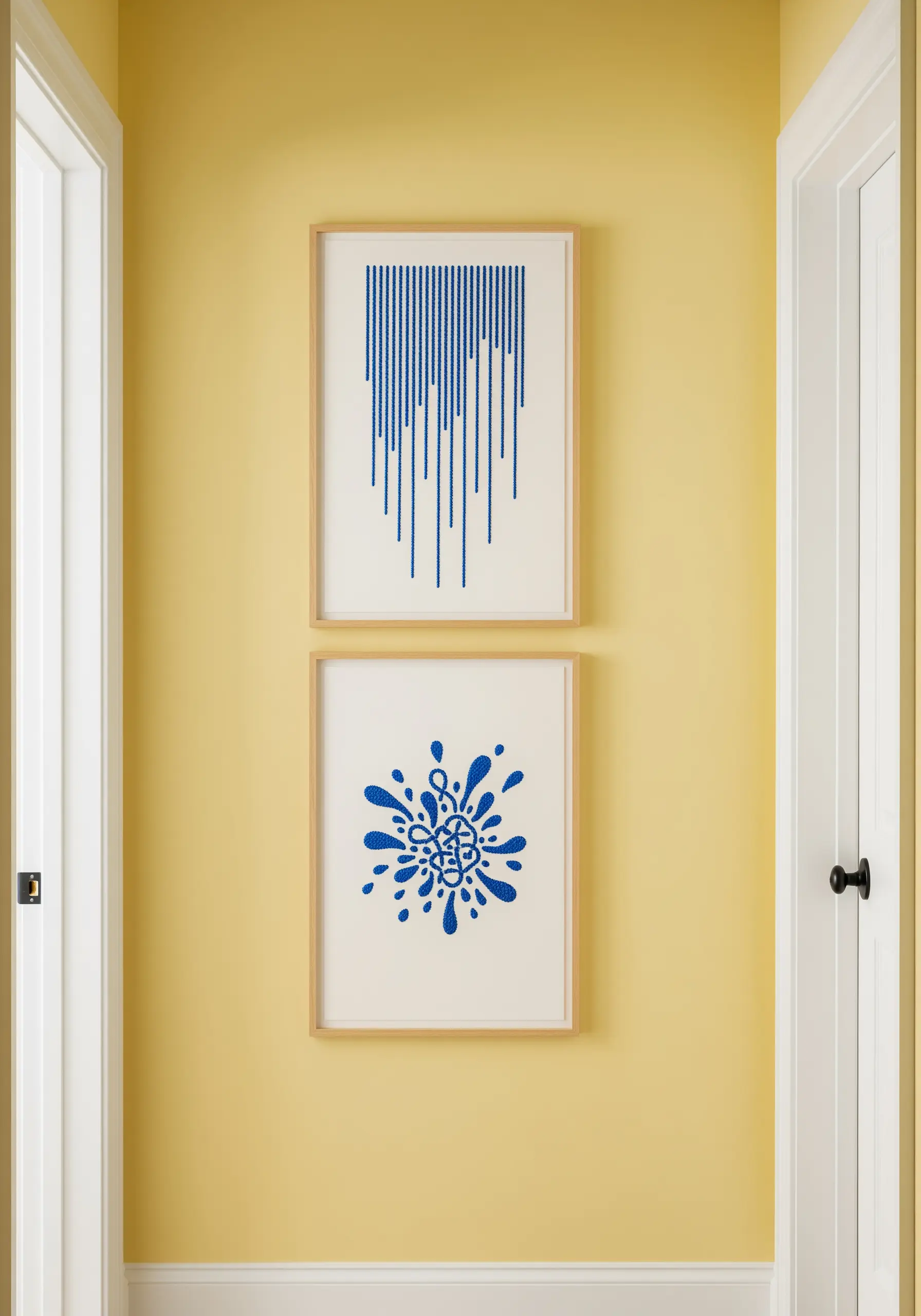 Two framed embroidery pieces with abstract blue motifs on a yellow wall—one dripping lines, one a splash.