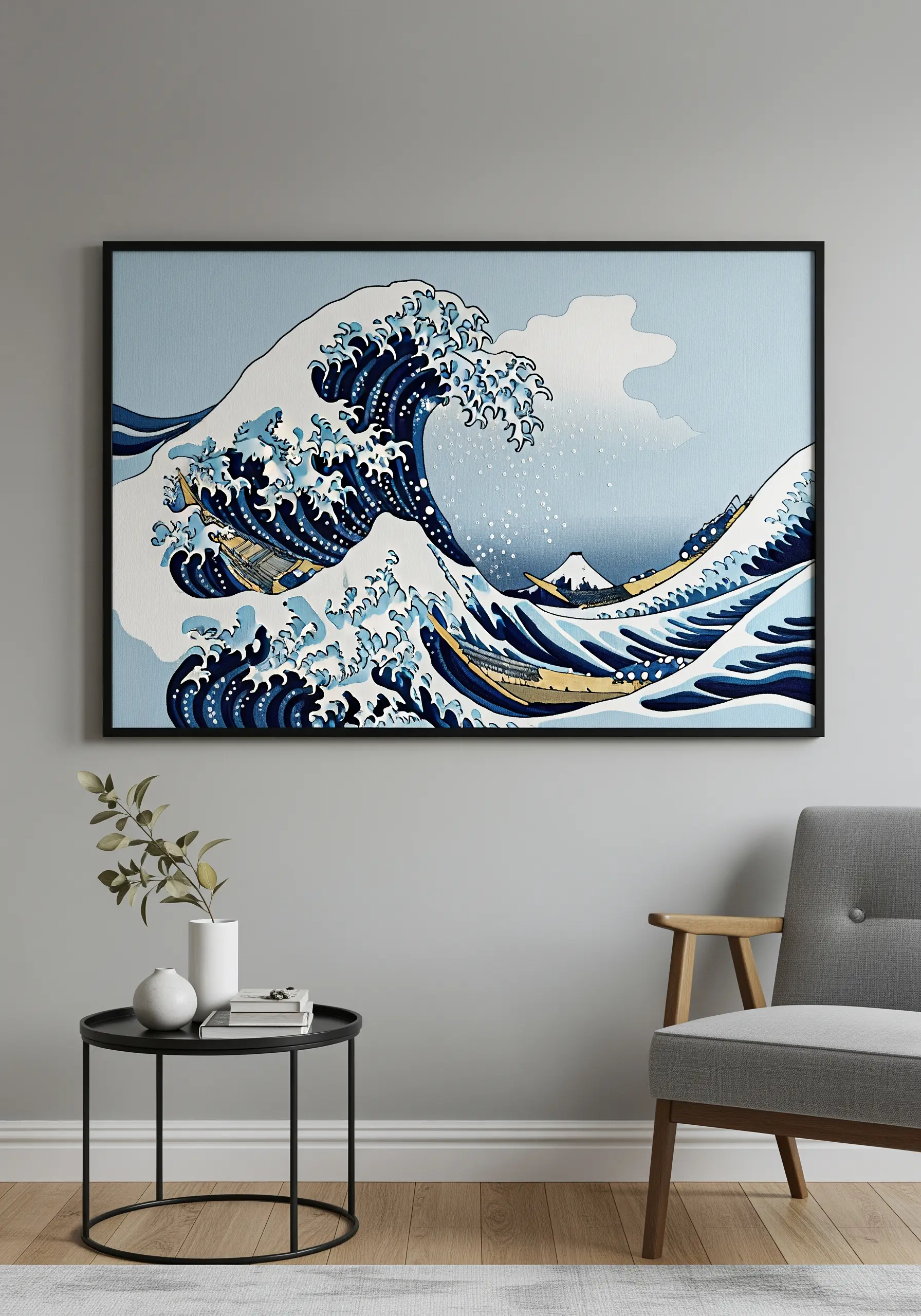 A large, framed embroidery recreation of Hokusai's 'The Great Wave off Kanagawa'.