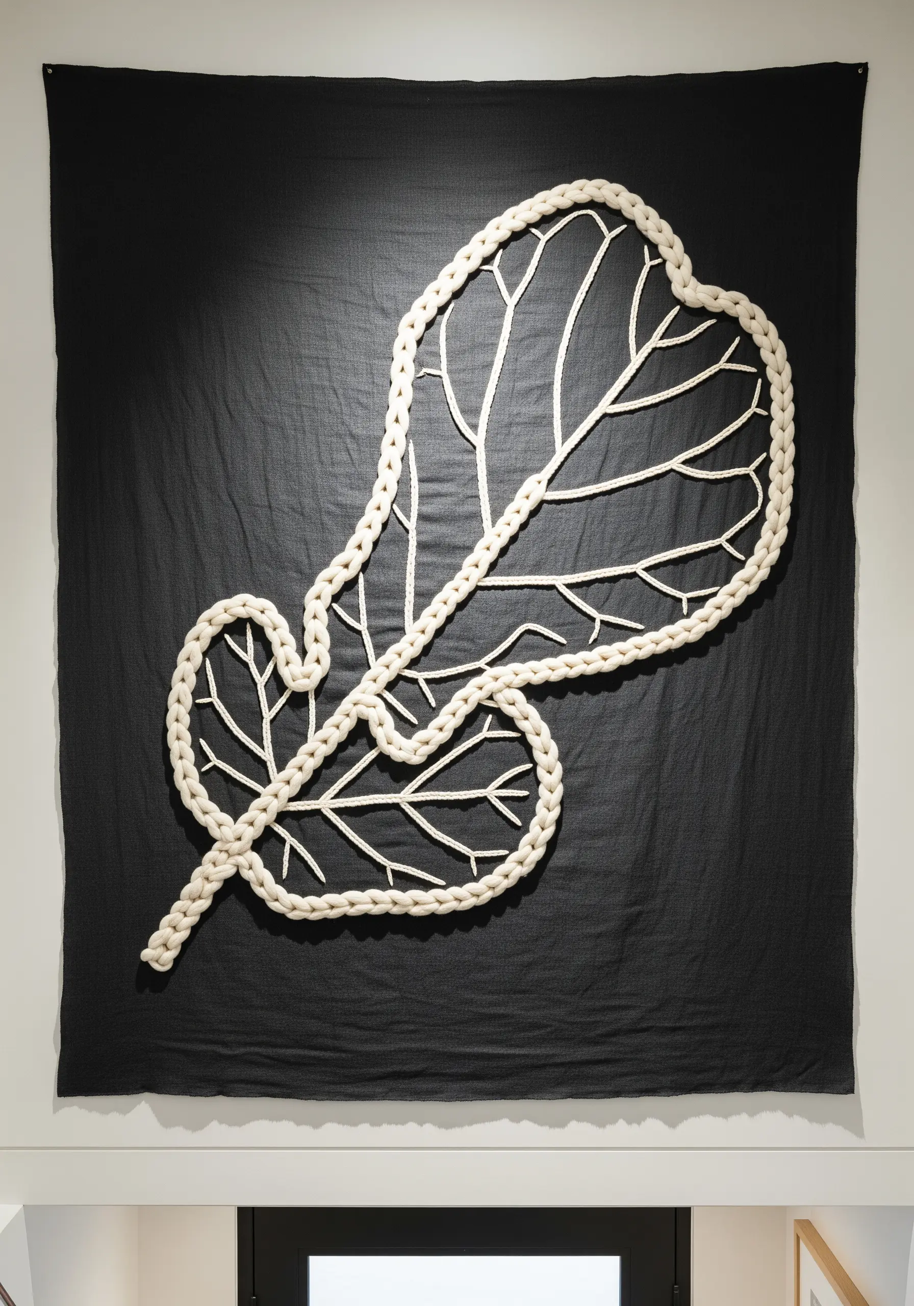 Large-scale wall art of a leaf outline made with thick white rope on black fabric