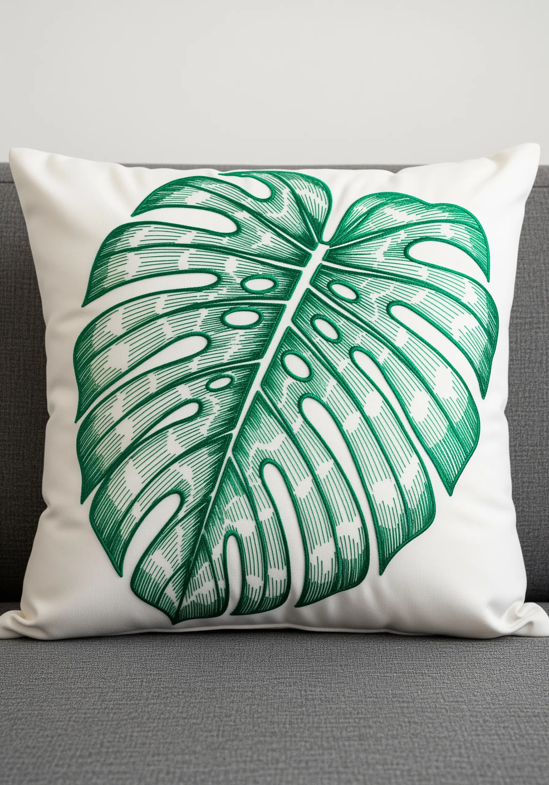 Graphic green line art embroidery of a monstera leaf on a white pillow