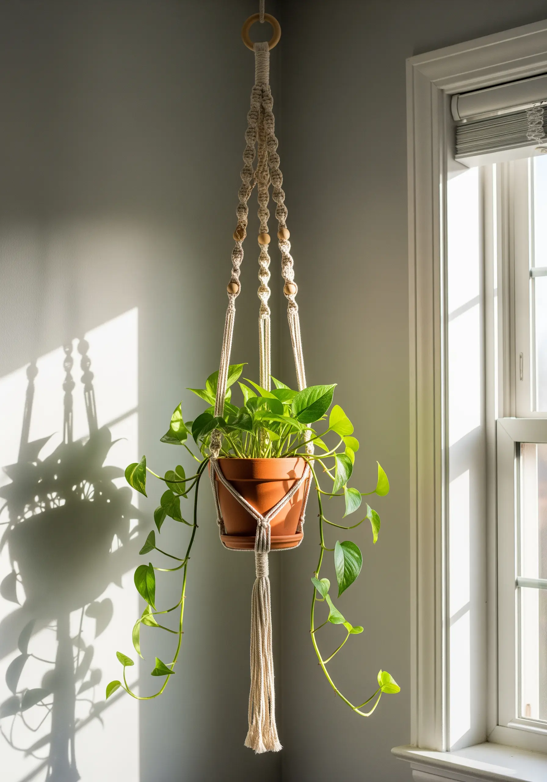 A macrame plant hanger with wooden beads holding a pothos plant in a sunlit corner.