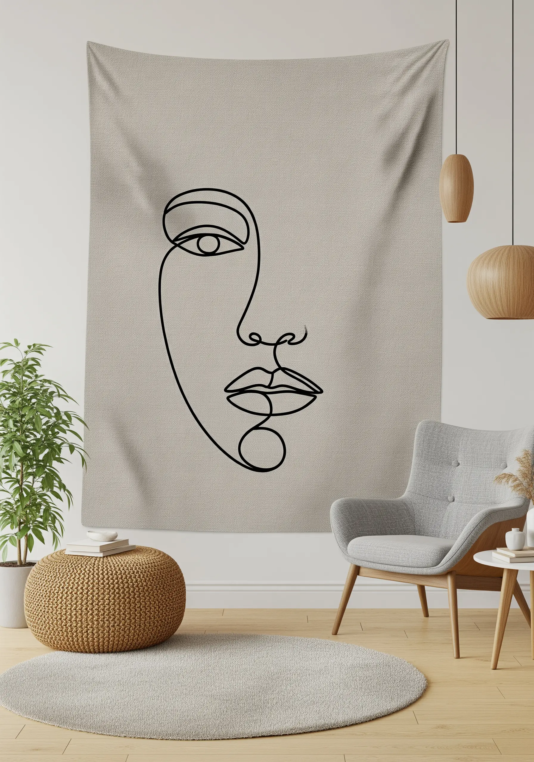 A large linen wall tapestry featuring a minimalist black line art portrait of a face.