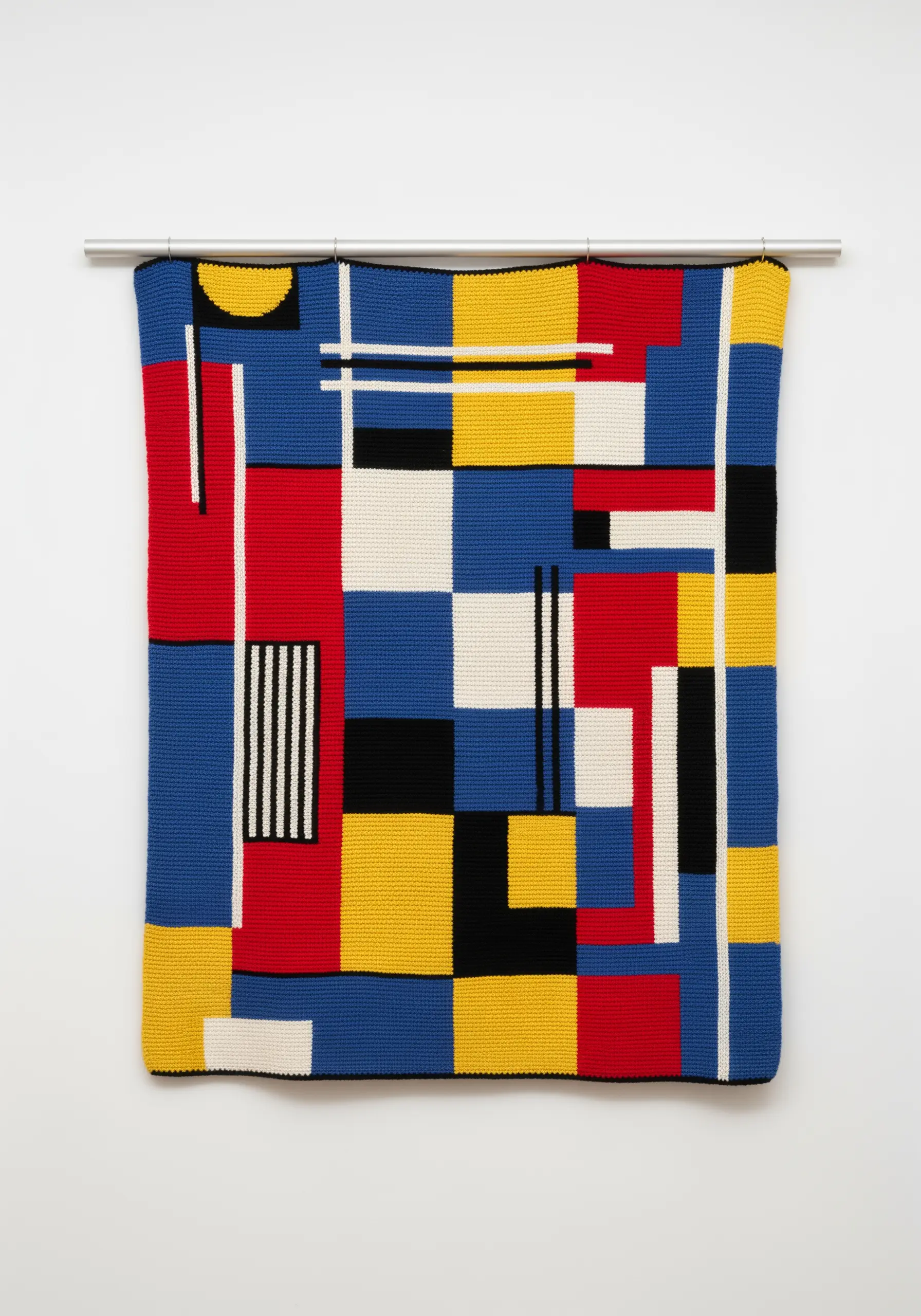 A crocheted wall hanging with color blocks of red, blue, yellow, and white, inspired by Mondrian.