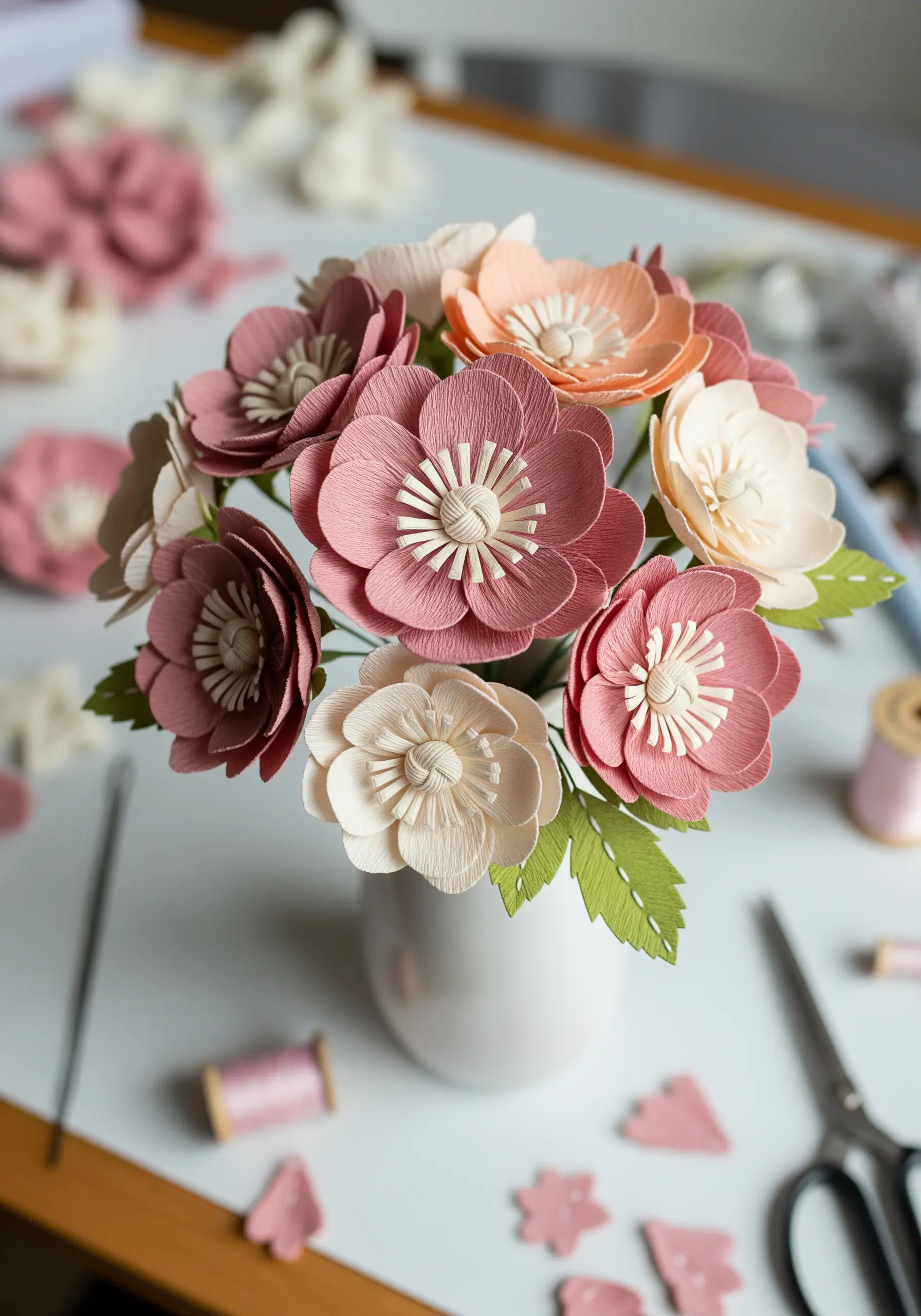 A bouquet of intricate paper flowers in shades of dusty rose, peach, and cream.