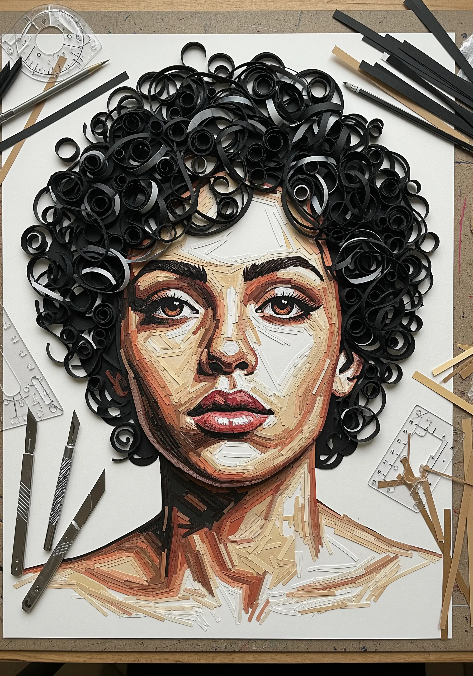 A detailed portrait where the subject's curly hair is made from coiled black paper strips.
