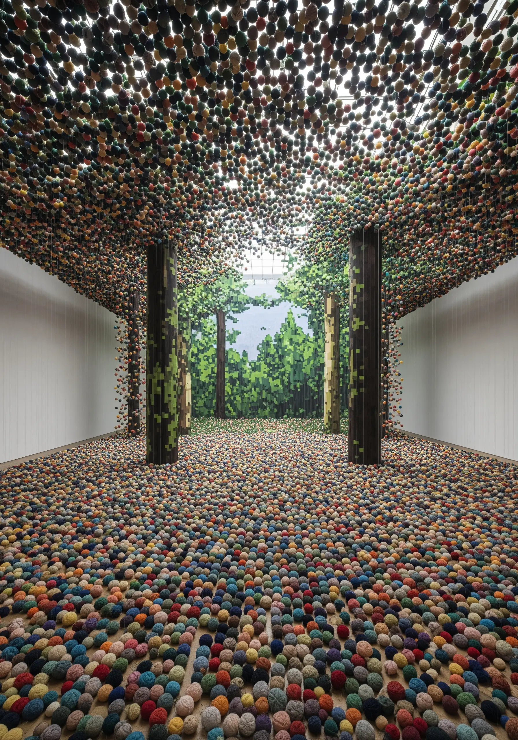 An art installation with a pixelated forest backdrop and a floor covered in colorful balls of yarn.