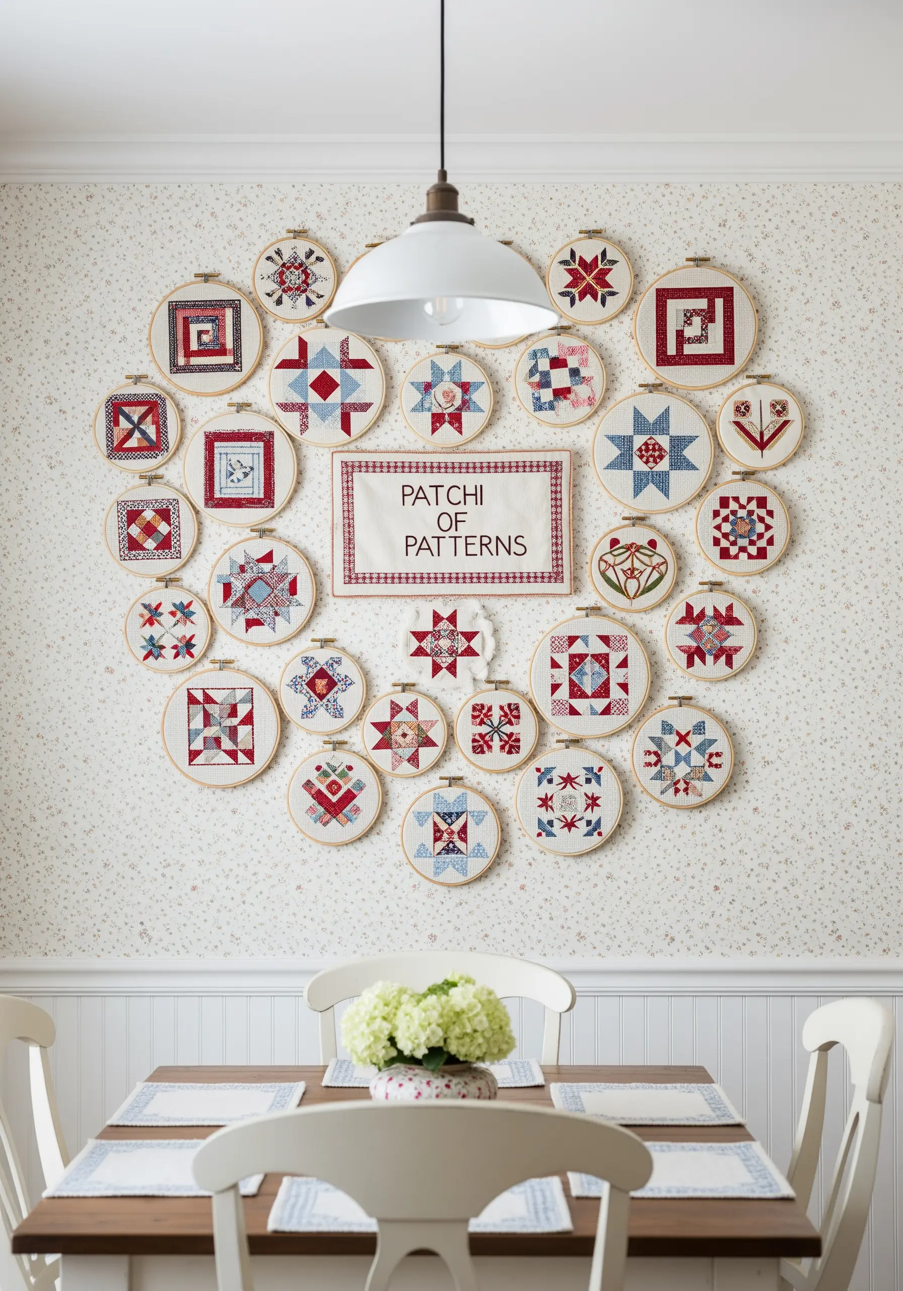 A large, circular arrangement of embroidery hoops featuring classic American quilt block patterns.