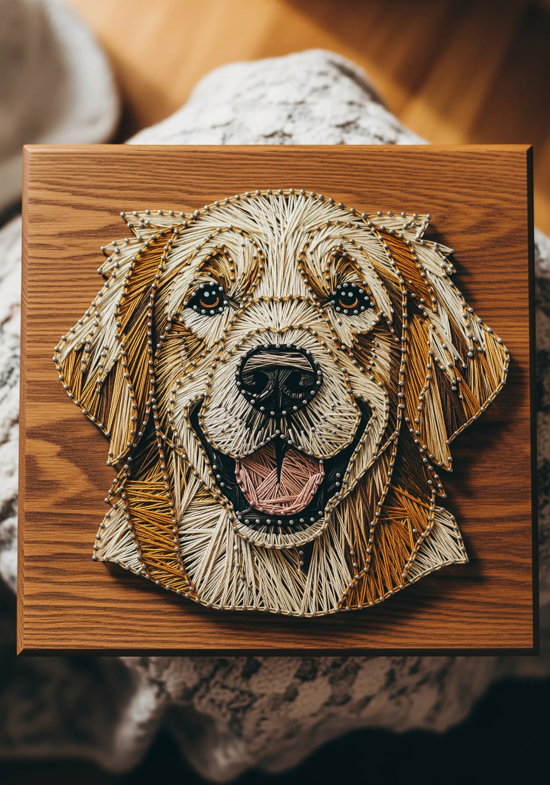 Golden retriever portrait created with layered string art on a wooden board.