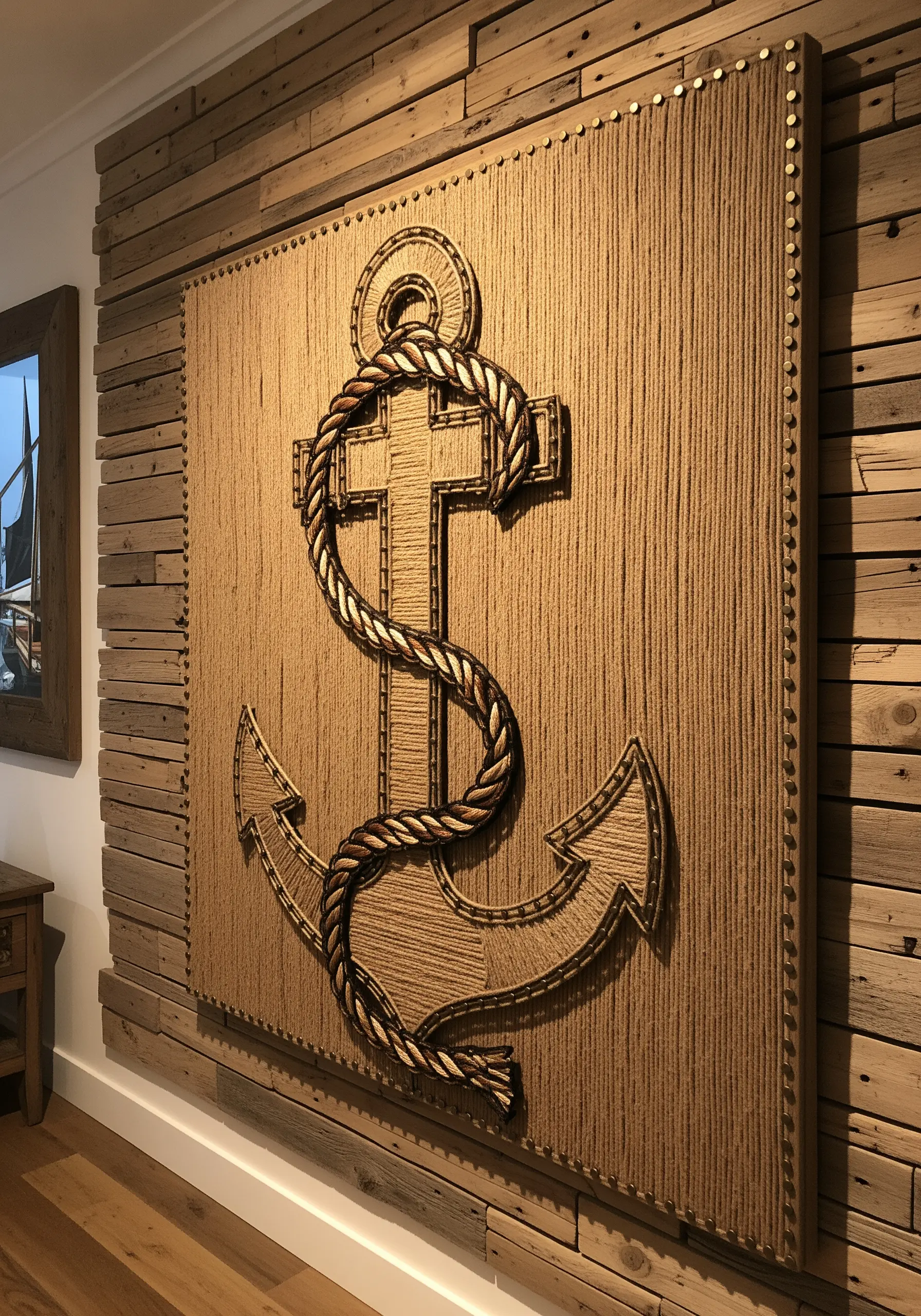 Large-scale anchor string art on a rustic wooden wall, creating a shadow effect.
