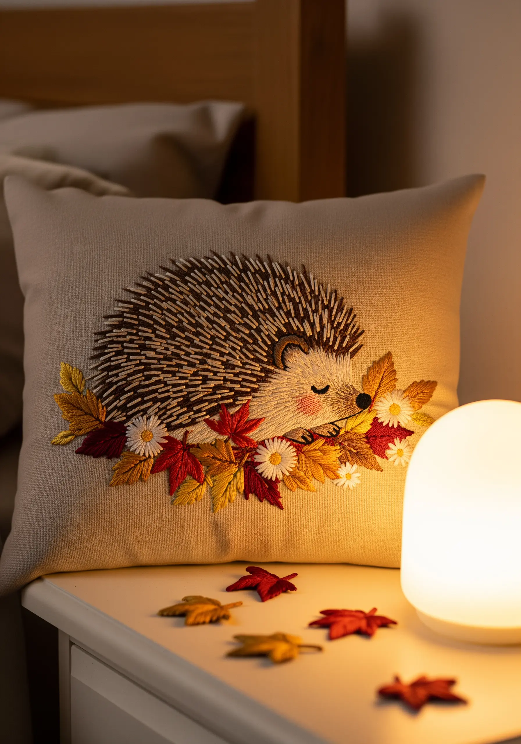 Embroidered hedgehog with textured quills on a linen cushion cover.