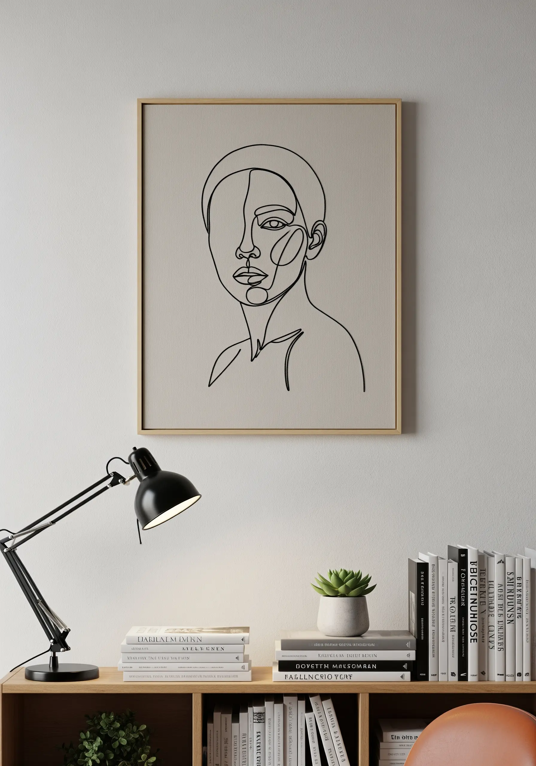 Framed minimalist line art embroidery of a face on neutral fabric.