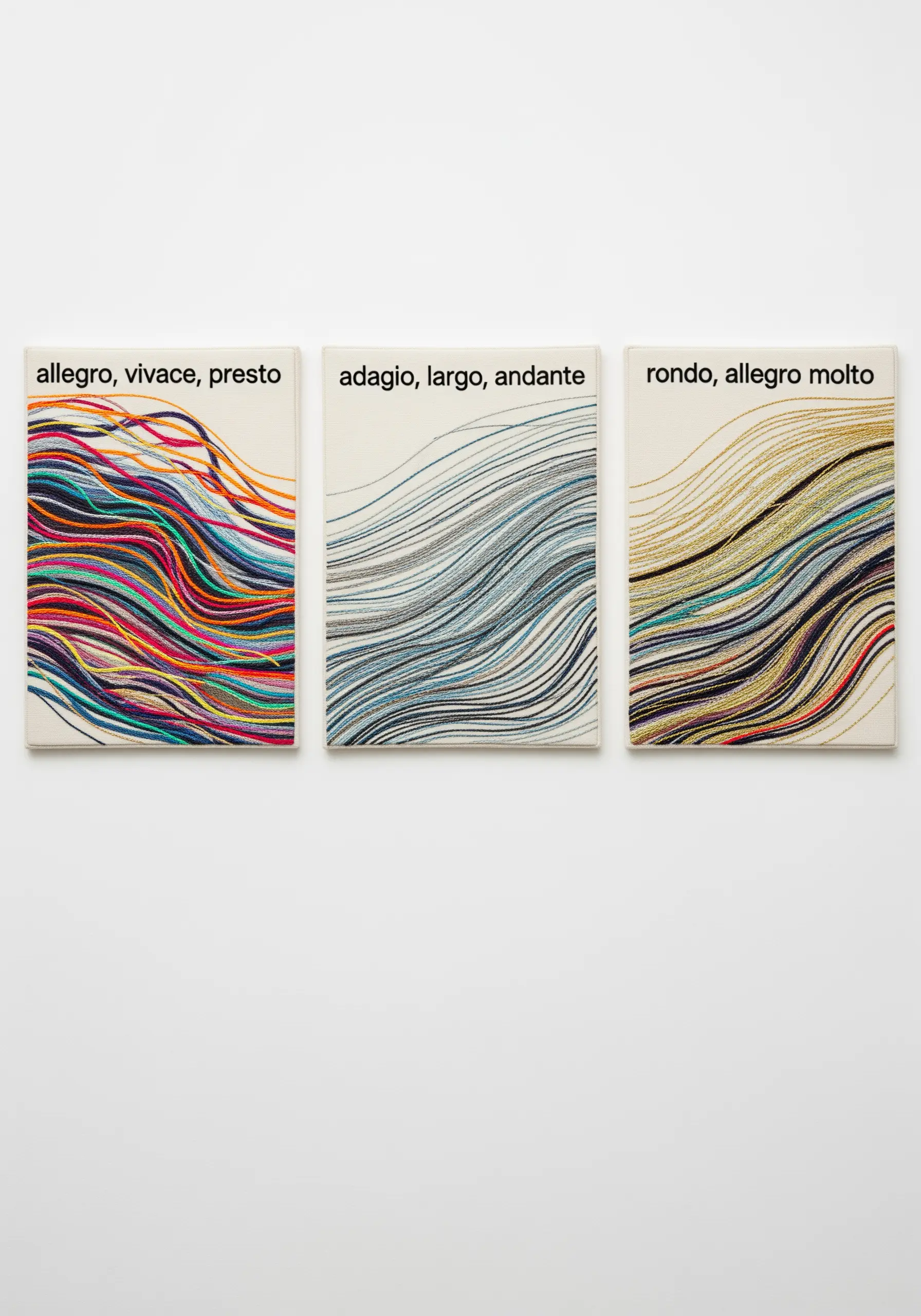 A triptych of abstract embroidery panels representing different musical tempos through color and line.