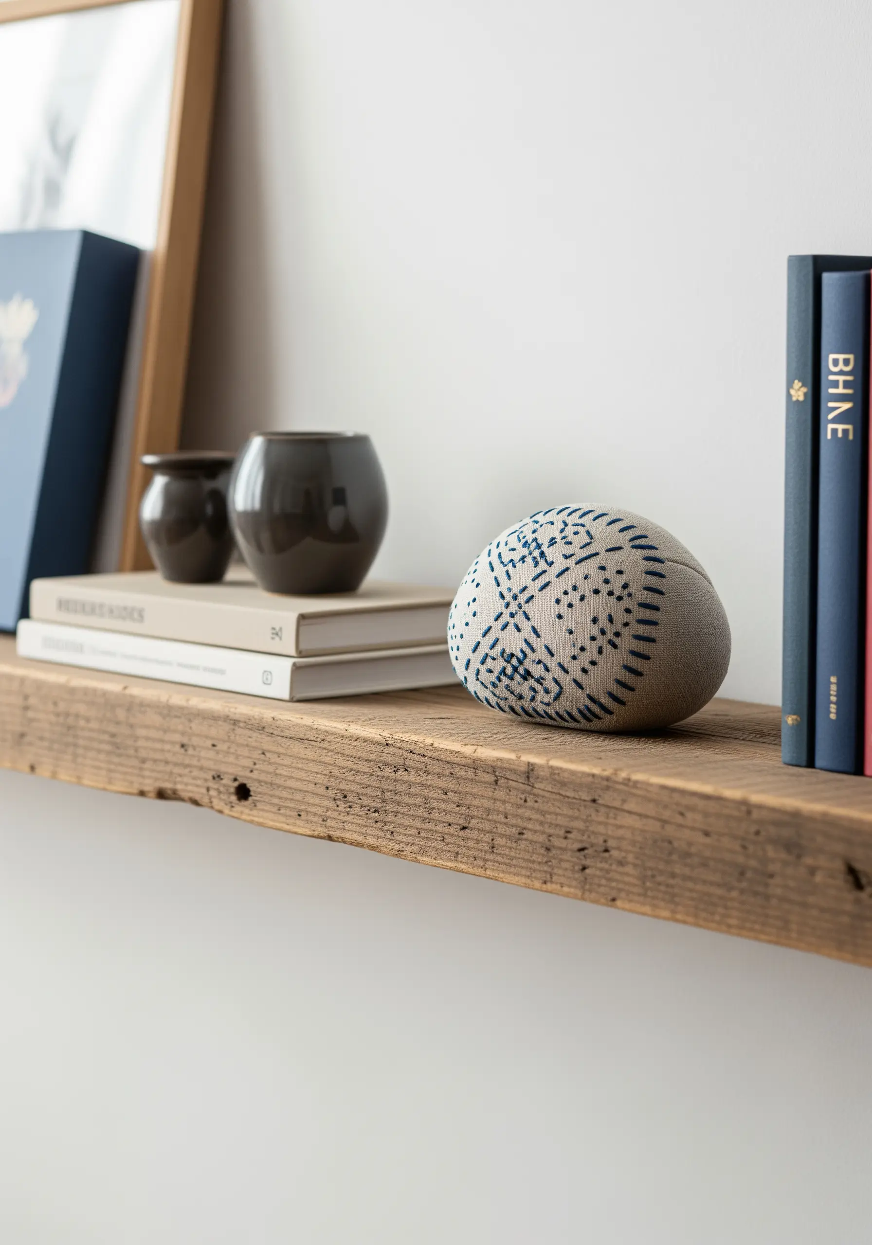 A fabric-covered stone, intricately embroidered with a geometric pattern in dark blue thread.