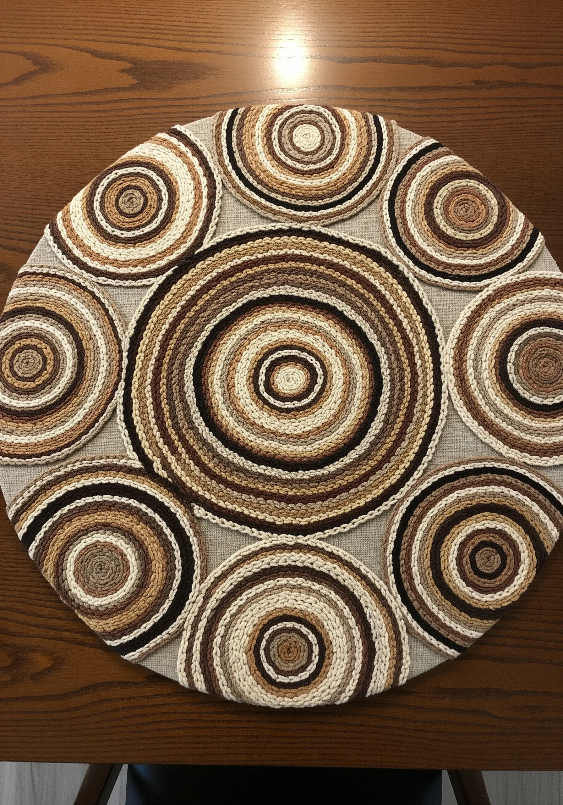 A circular textile piece with multiple coiled circles of brown, beige, and cream yarn resembling tree rings.
