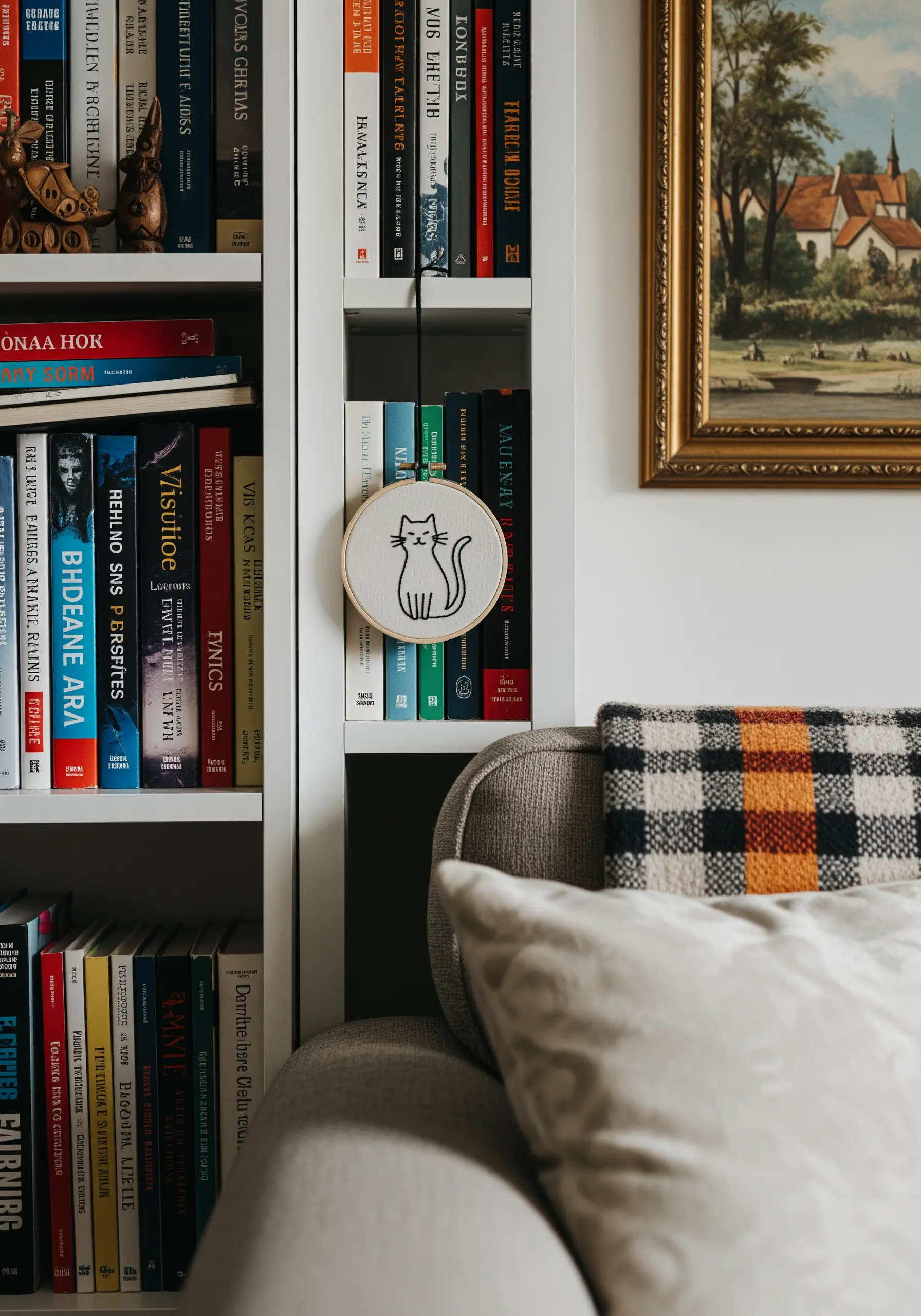 A small embroidery hoop with a simple line art cat tucked into a bookshelf