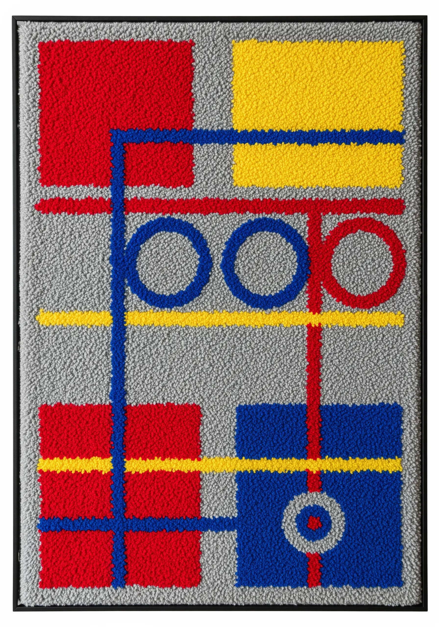 A tufted wall hanging with a geometric grid of red, blue, and yellow lines, squares, and circles.
