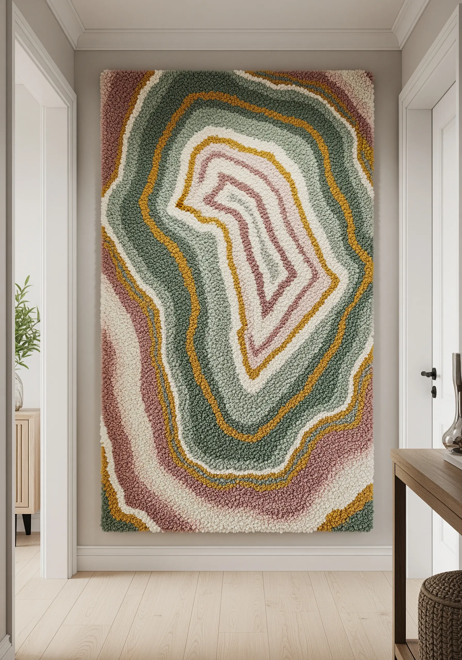 A large, rectangular tufted wall hanging with the organic concentric rings of a geode.