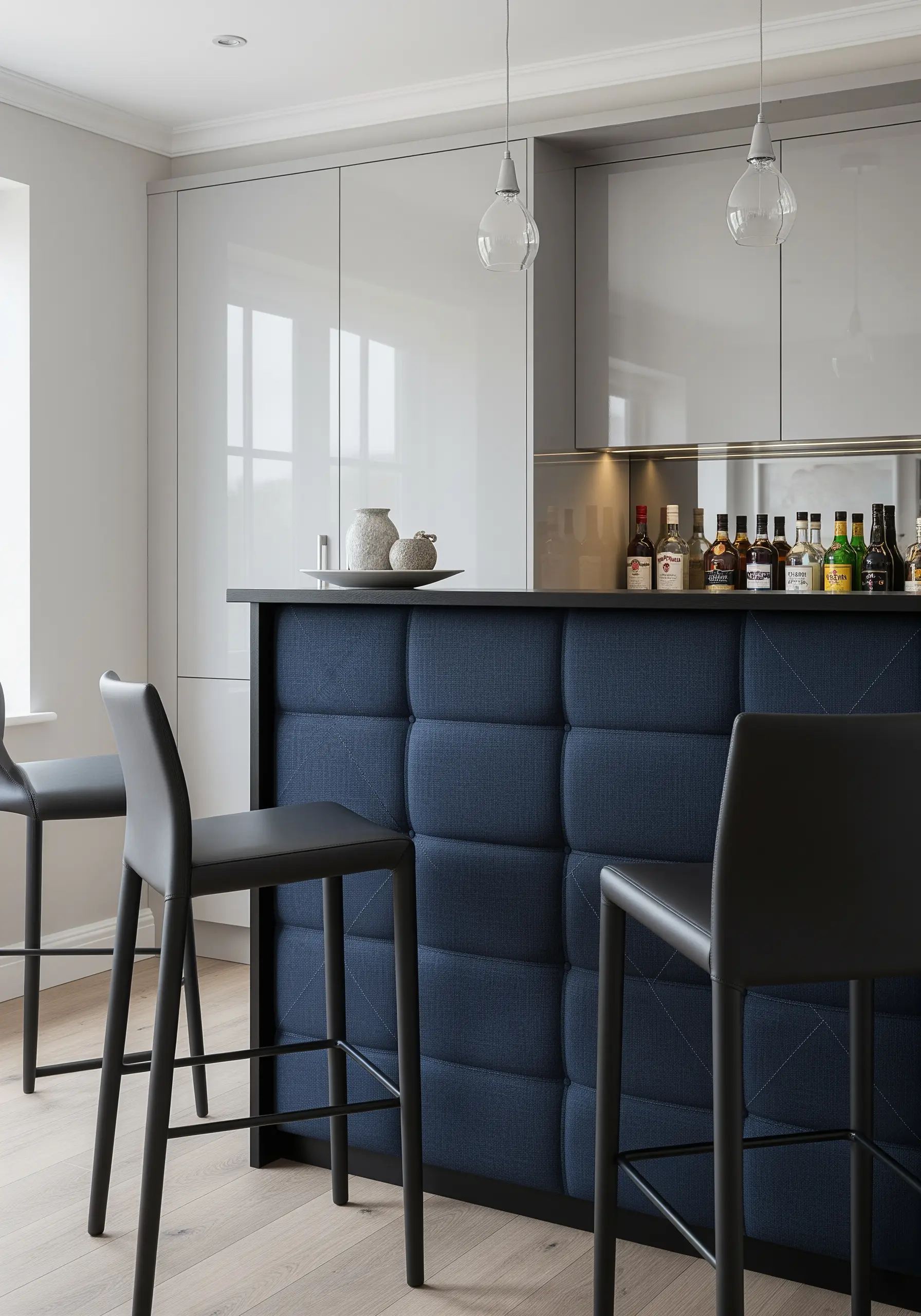 A dark blue upholstered bar front with a modern tufted grid pattern creating soft squares.