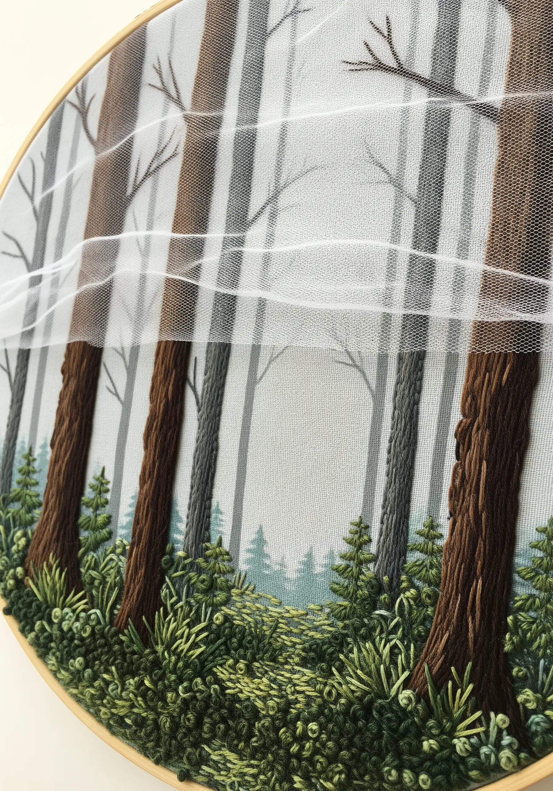 An embroidered forest scene viewed through a sheer white tulle overlay, creating a foggy effect.