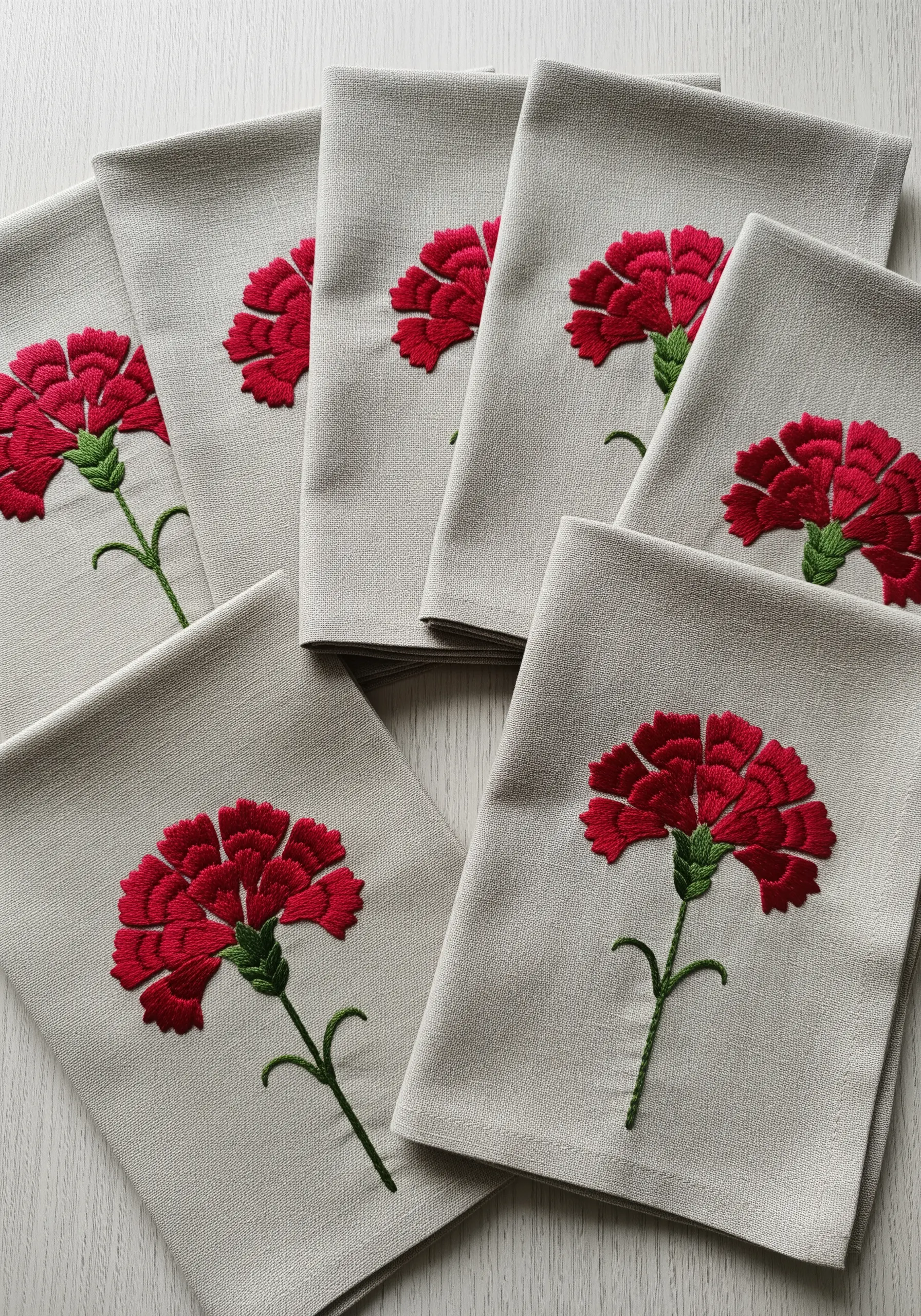 A set of linen napkins, each embroidered with a single, stylized red Turkish carnation.