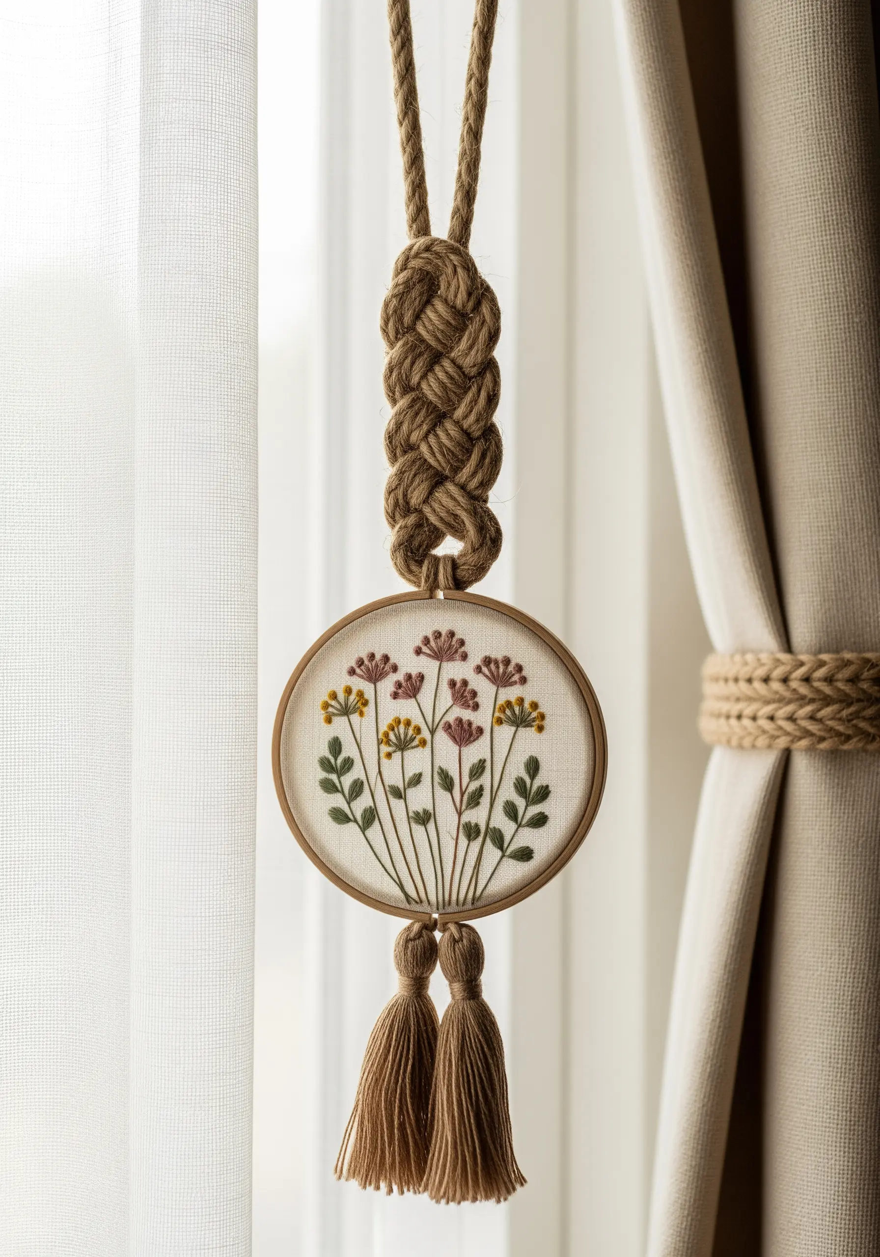 A small embroidery hoop with a floral design, used as a curtain tie-back with a braided hanger.
