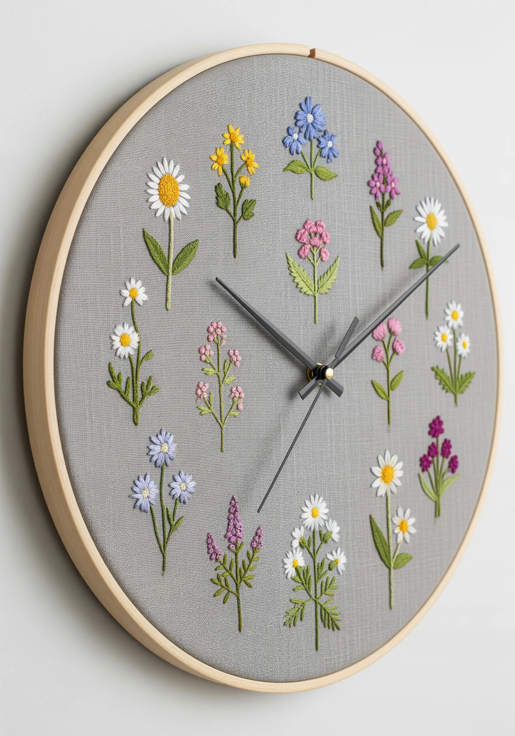 An embroidery hoop repurposed as a wall clock, with small embroidered flowers marking the hours.