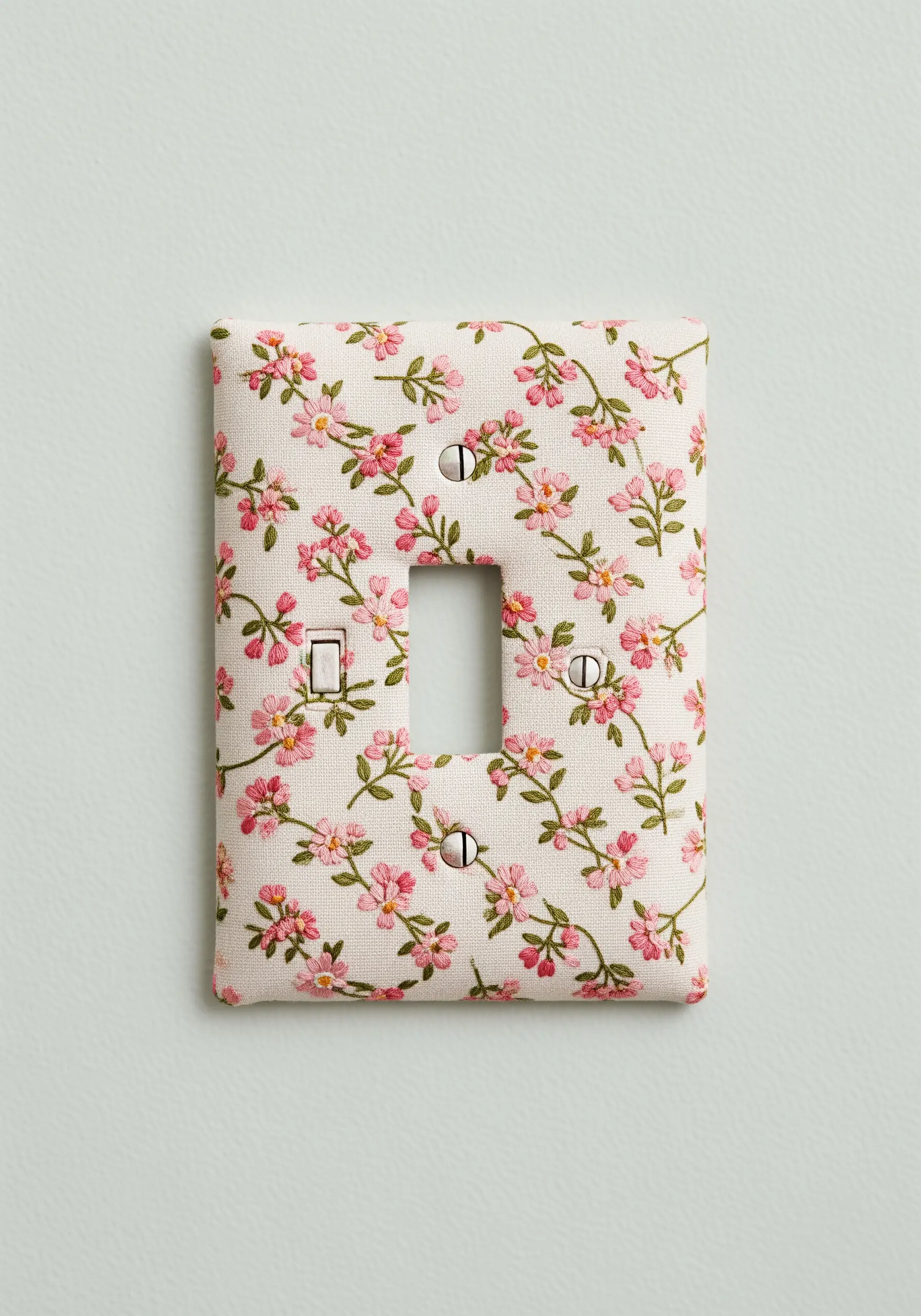 A light switch cover wrapped in fabric embroidered with tiny pink flowers.