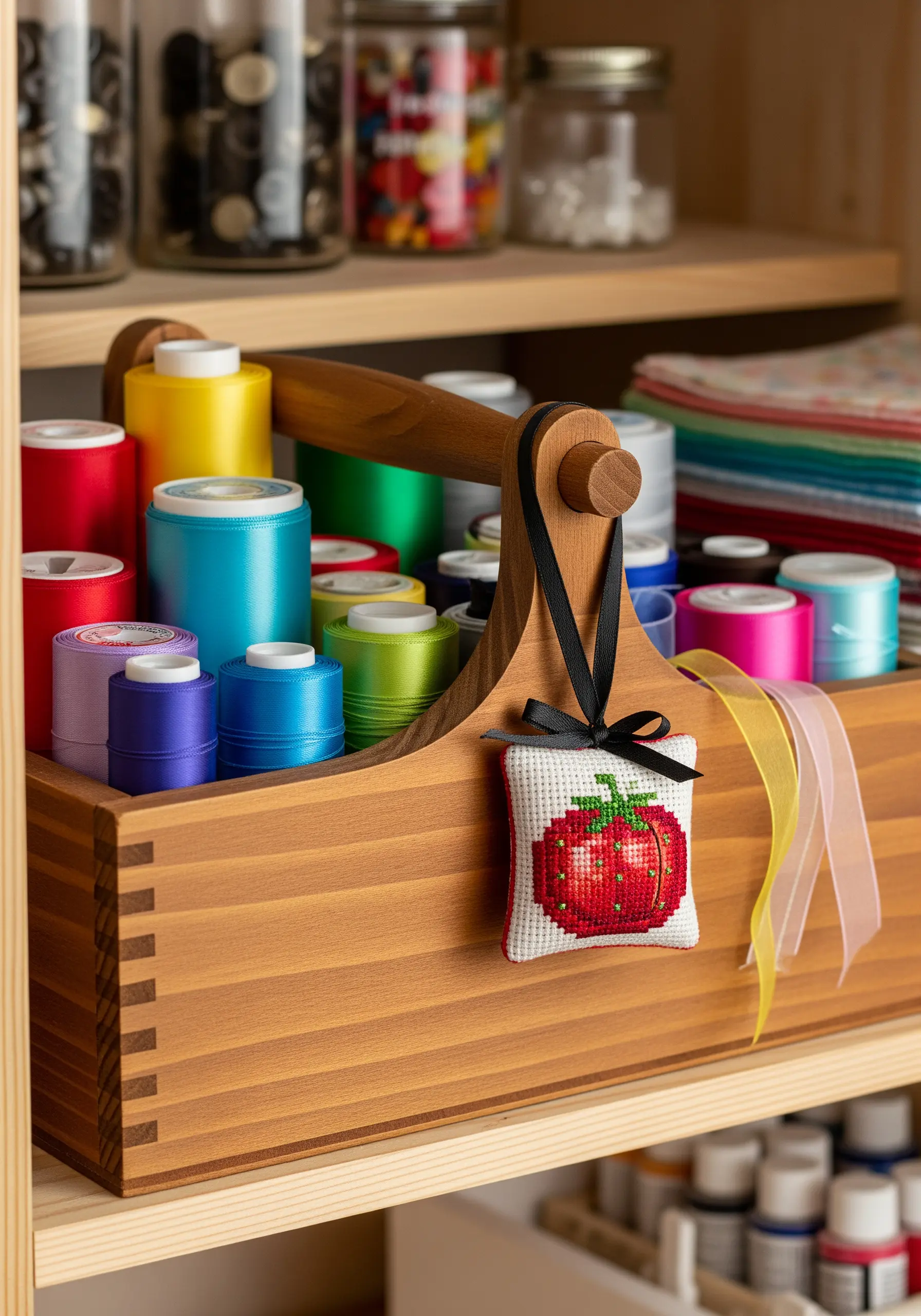 A small cross-stitched tomato charm hanging from a wooden craft caddy.