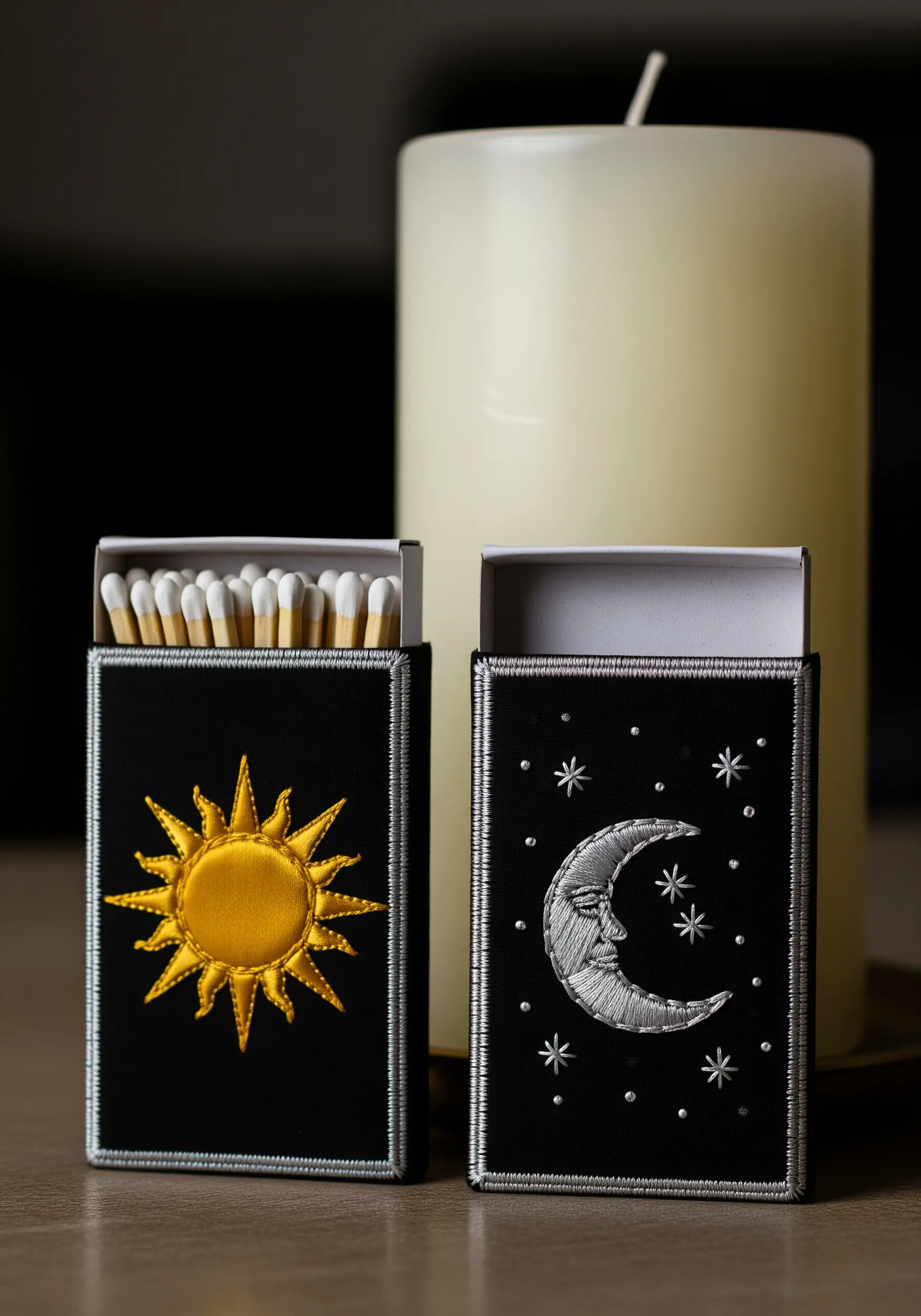 Two matchboxes with embroidered sleeves, one with a sun and one with a moon and stars.