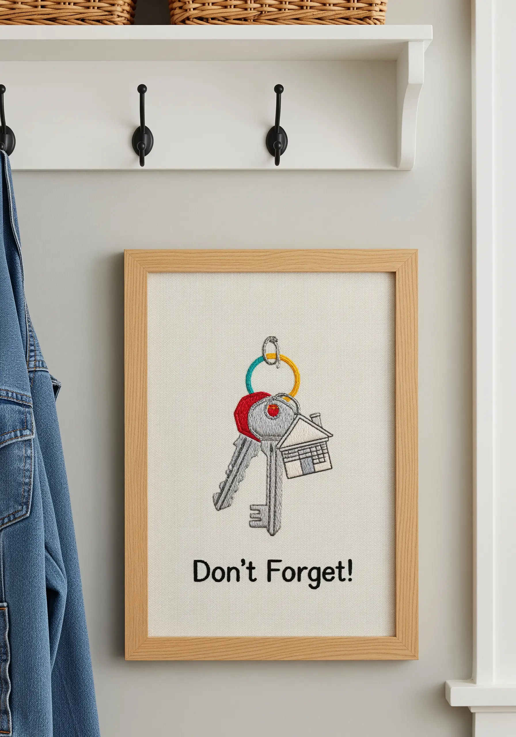 Framed embroidery of a set of keys with a 'Don't Forget!' message in an entryway.
