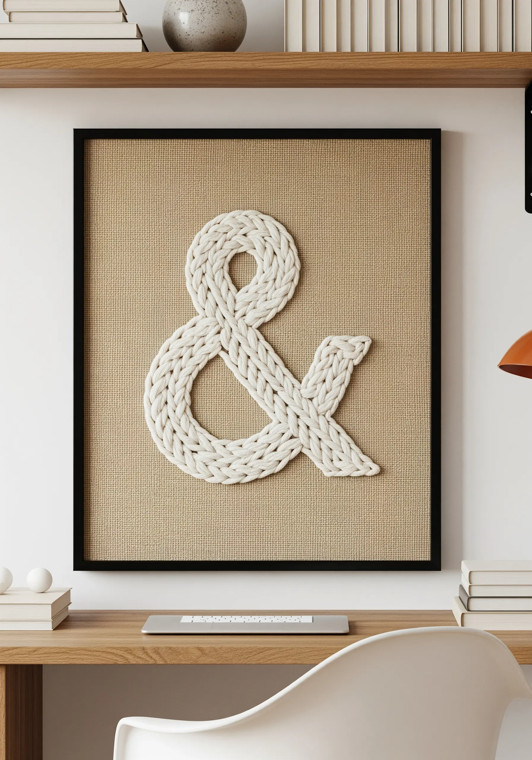 A large ampersand made from thick, white braided cord on a textured burlap canvas.