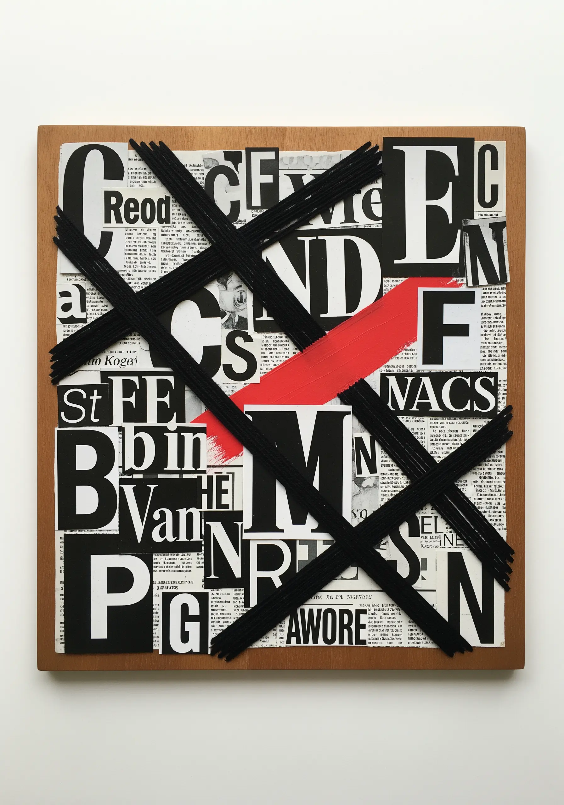 Black and white typographic collage with a red slash and wrapped black yarn grid.