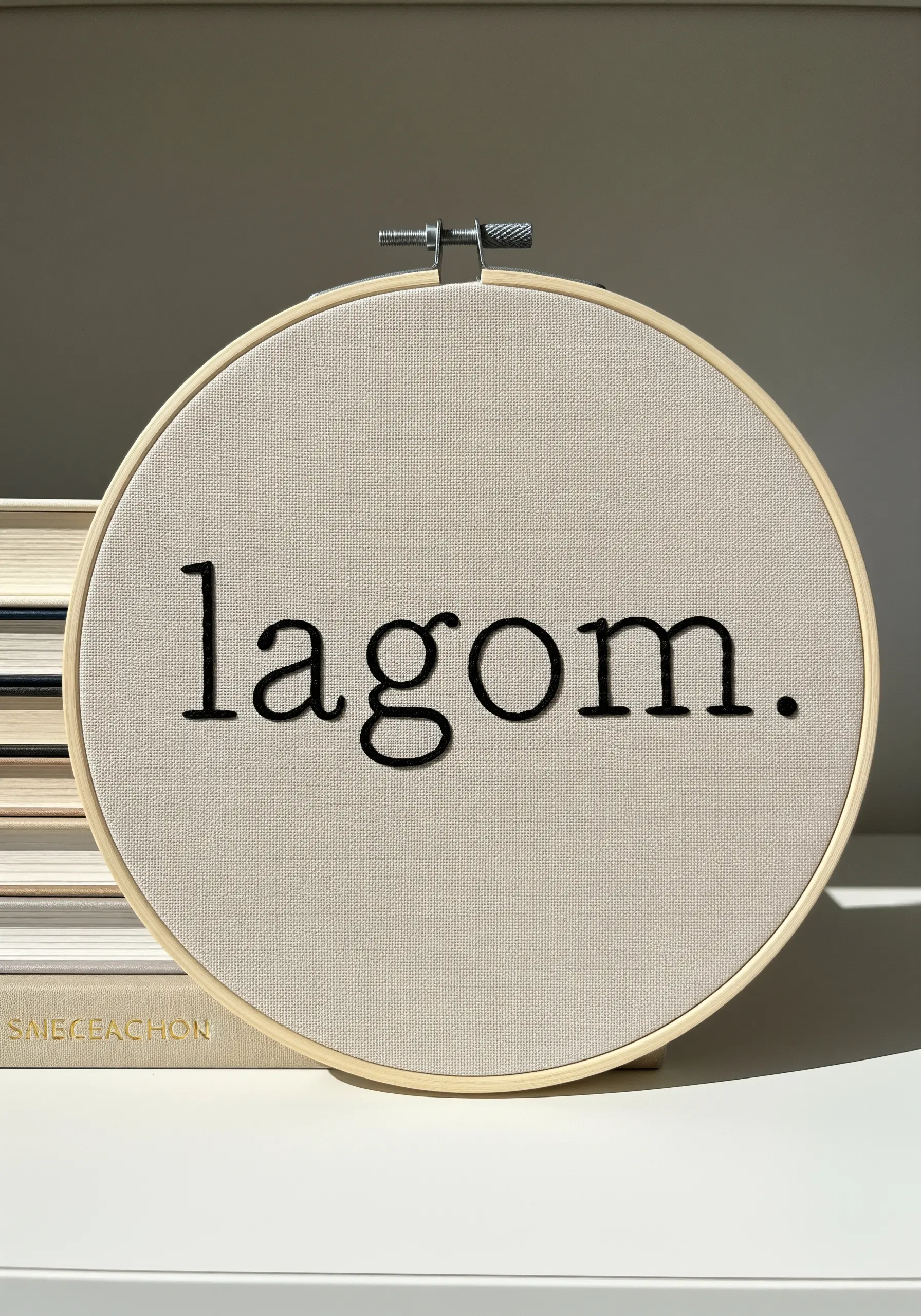 The word 'lagom' embroidered in clean black serif font on neutral fabric.