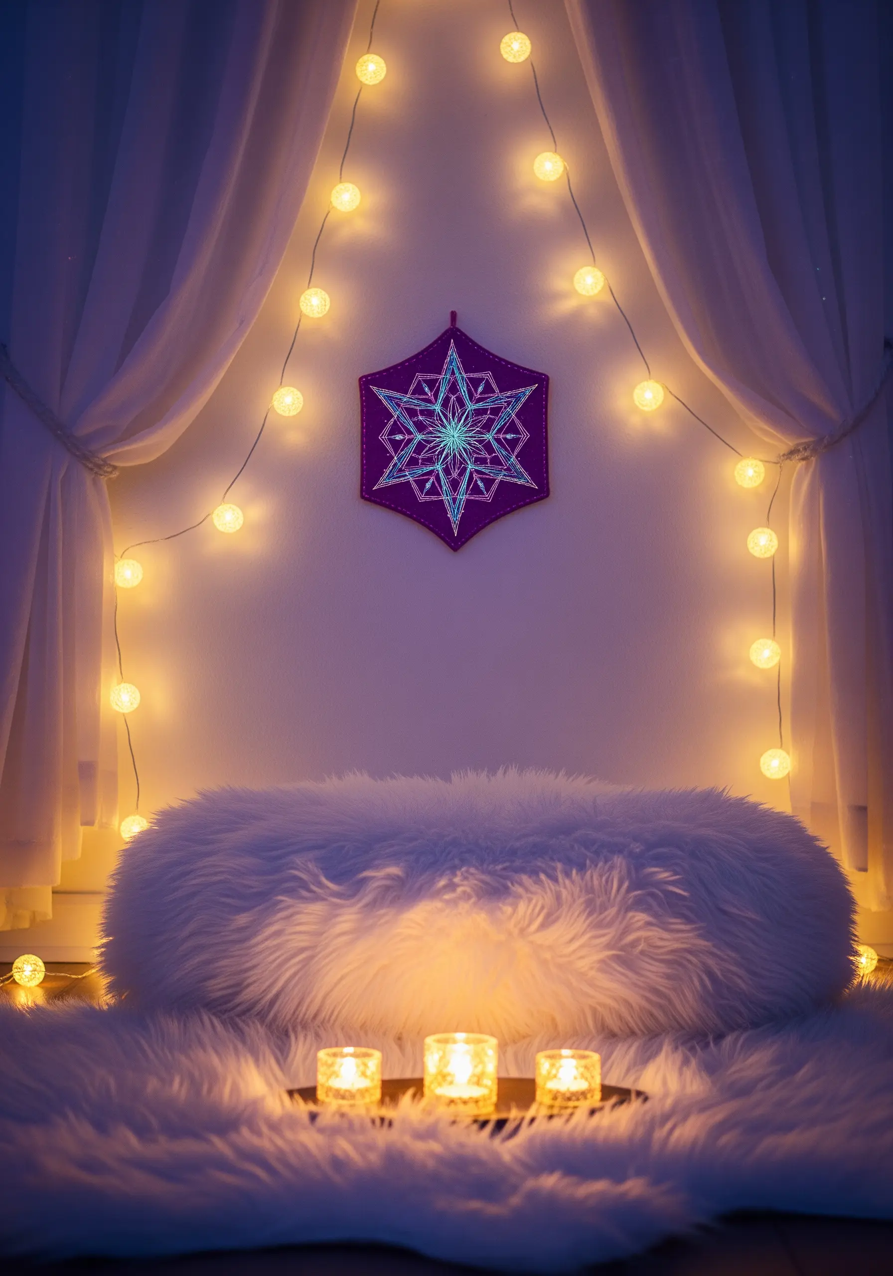 A starburst mandala stitched on a purple hexagonal fabric piece.