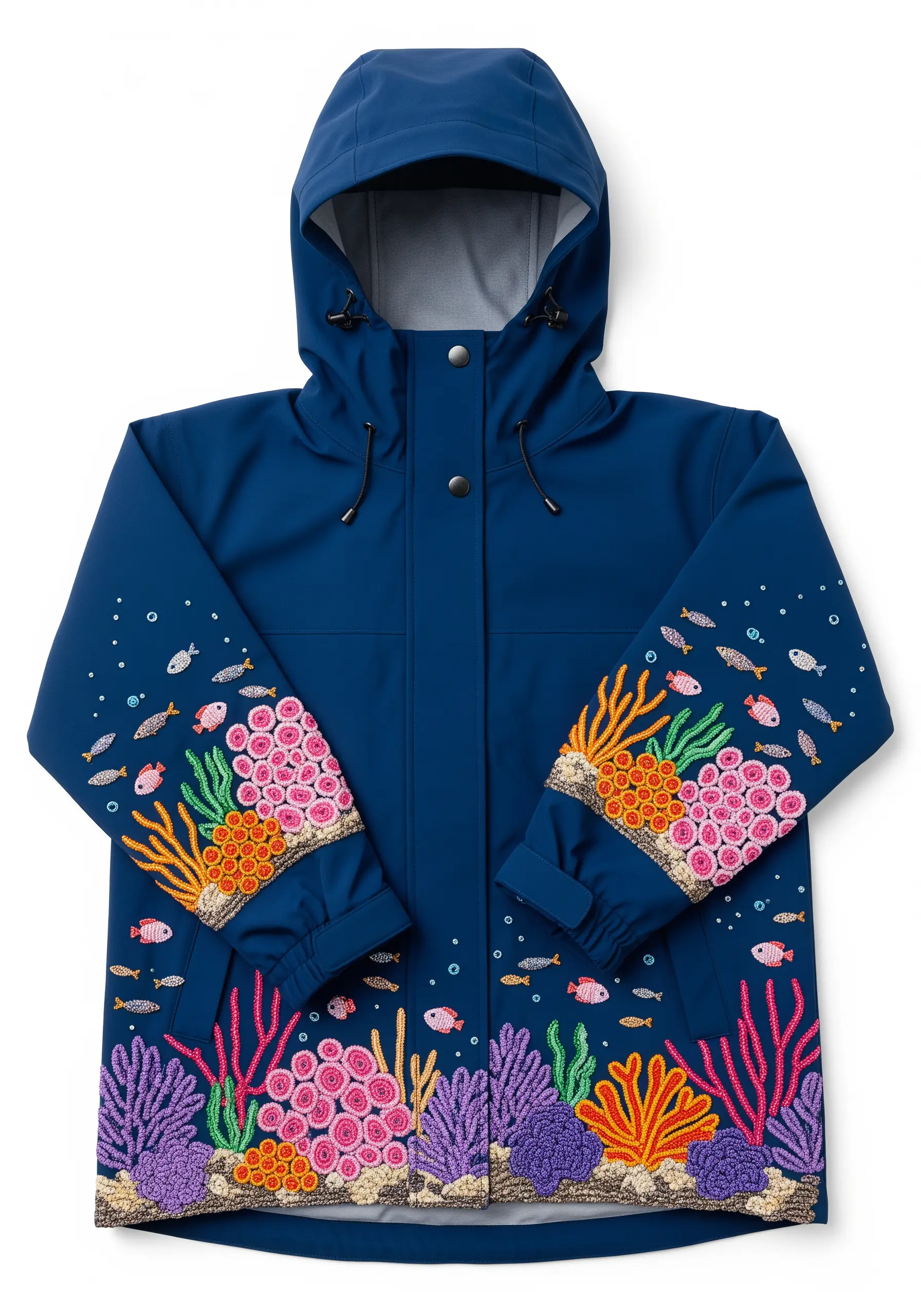 Colorful coral reef embroidery with French knots on the cuffs and hem of a blue raincoat.