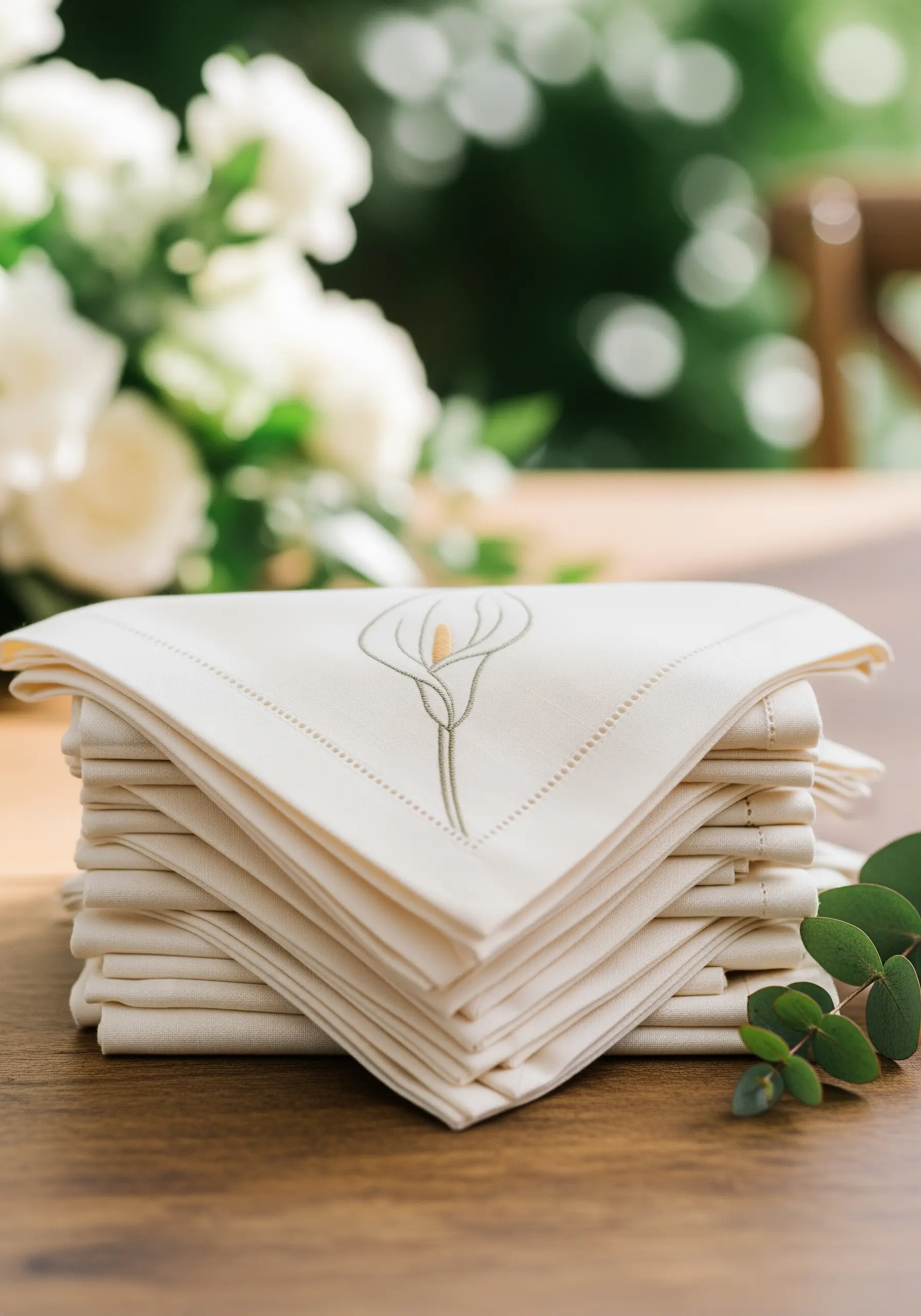 A single calla lily with a yellow center embroidered on an off-white napkin.