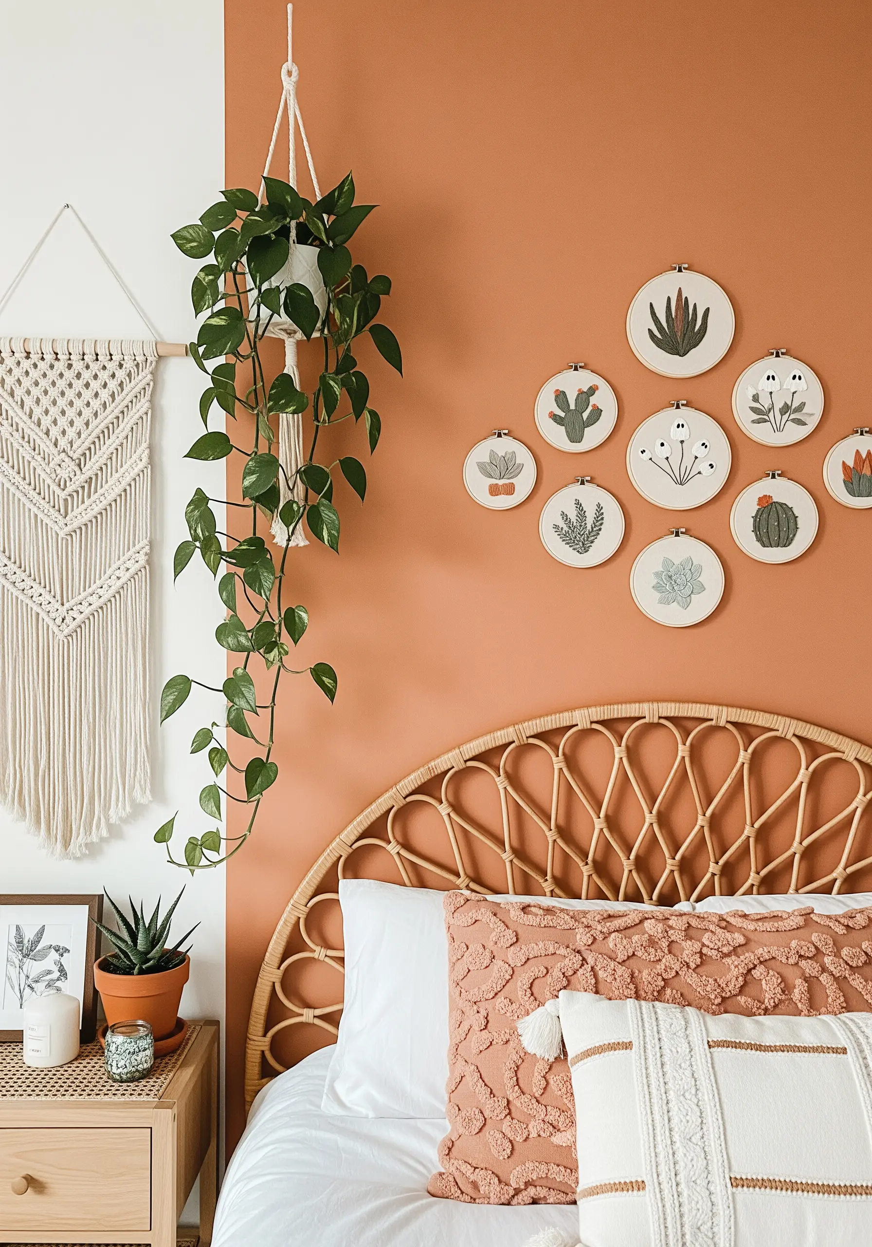 A gallery wall of embroidered succulents and cacti on a terracotta-colored bedroom wall.