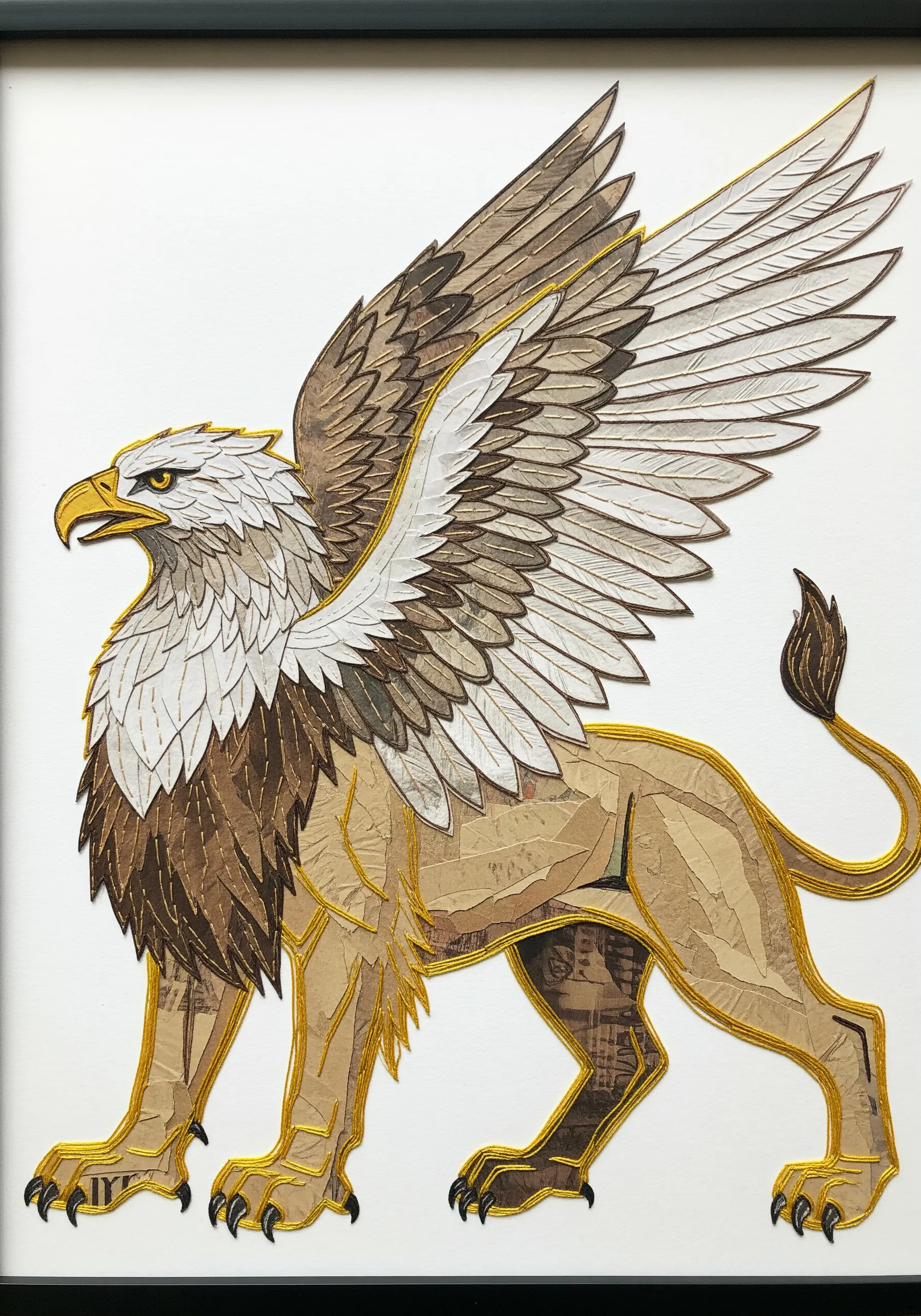 A paper collage of a griffin made from various textured papers, unified by a bold gold embroidered outline.