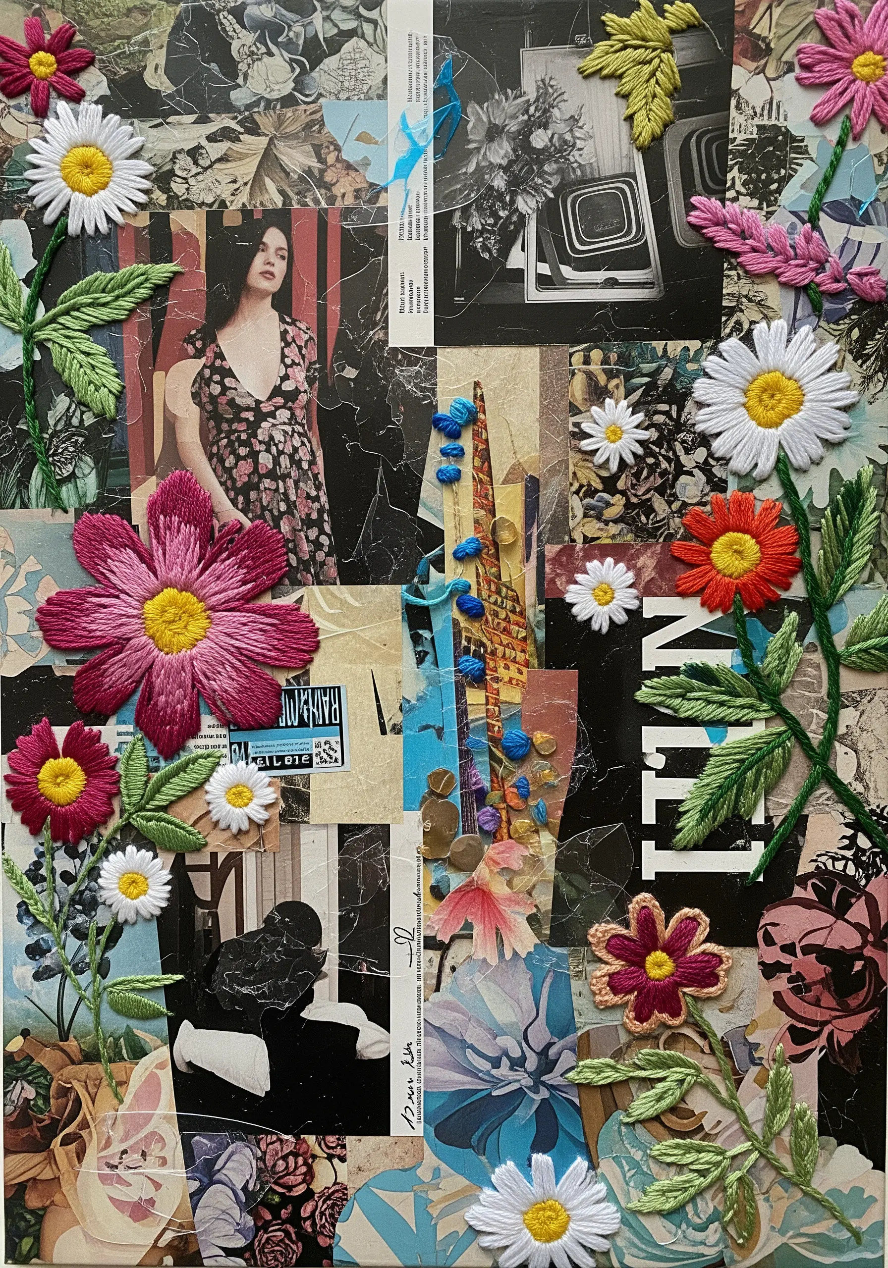 A mixed-media collage of photos and paper with colorful embroidered flowers stitched on top.