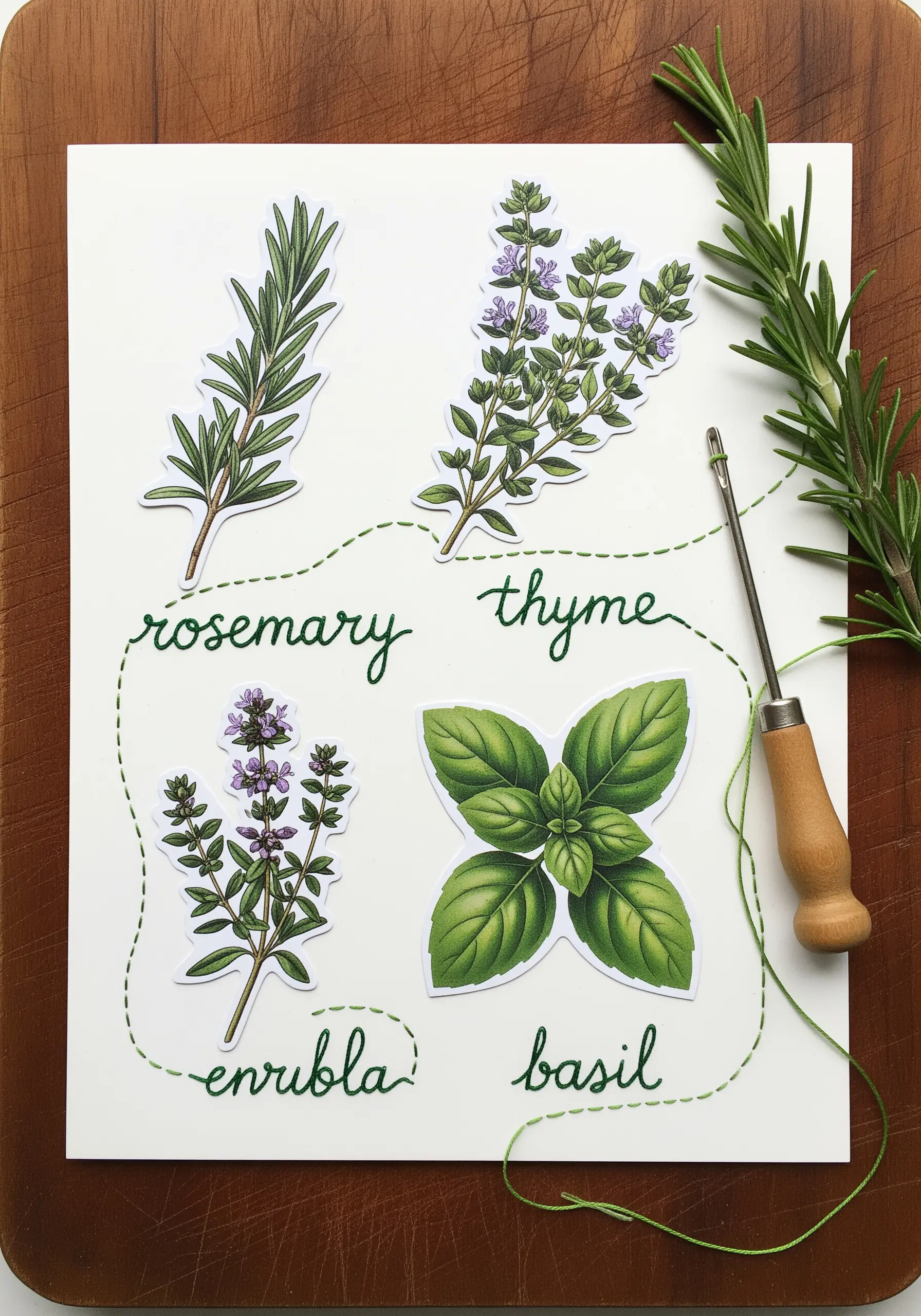Paper cutouts of herbs on white cardstock, connected by a whimsical green dotted embroidery line.