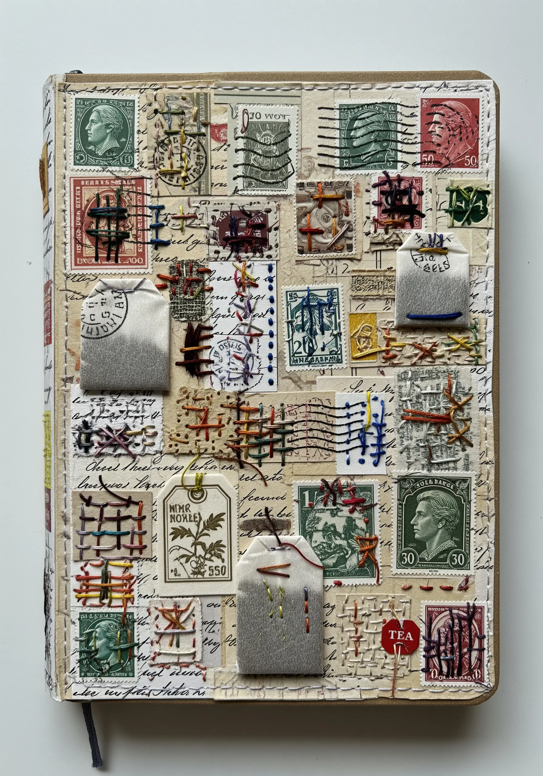 A journal cover collage of postage stamps unified by abstract, colorful grid stitches.